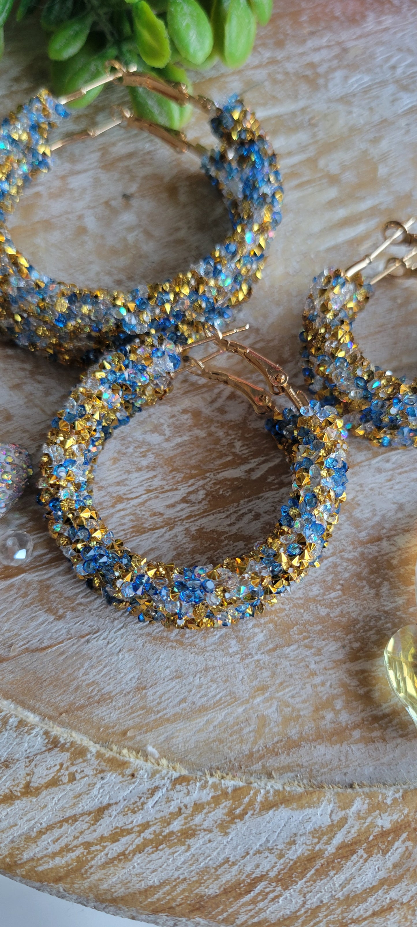 Blue and Gold Glitter Hoop Earrings