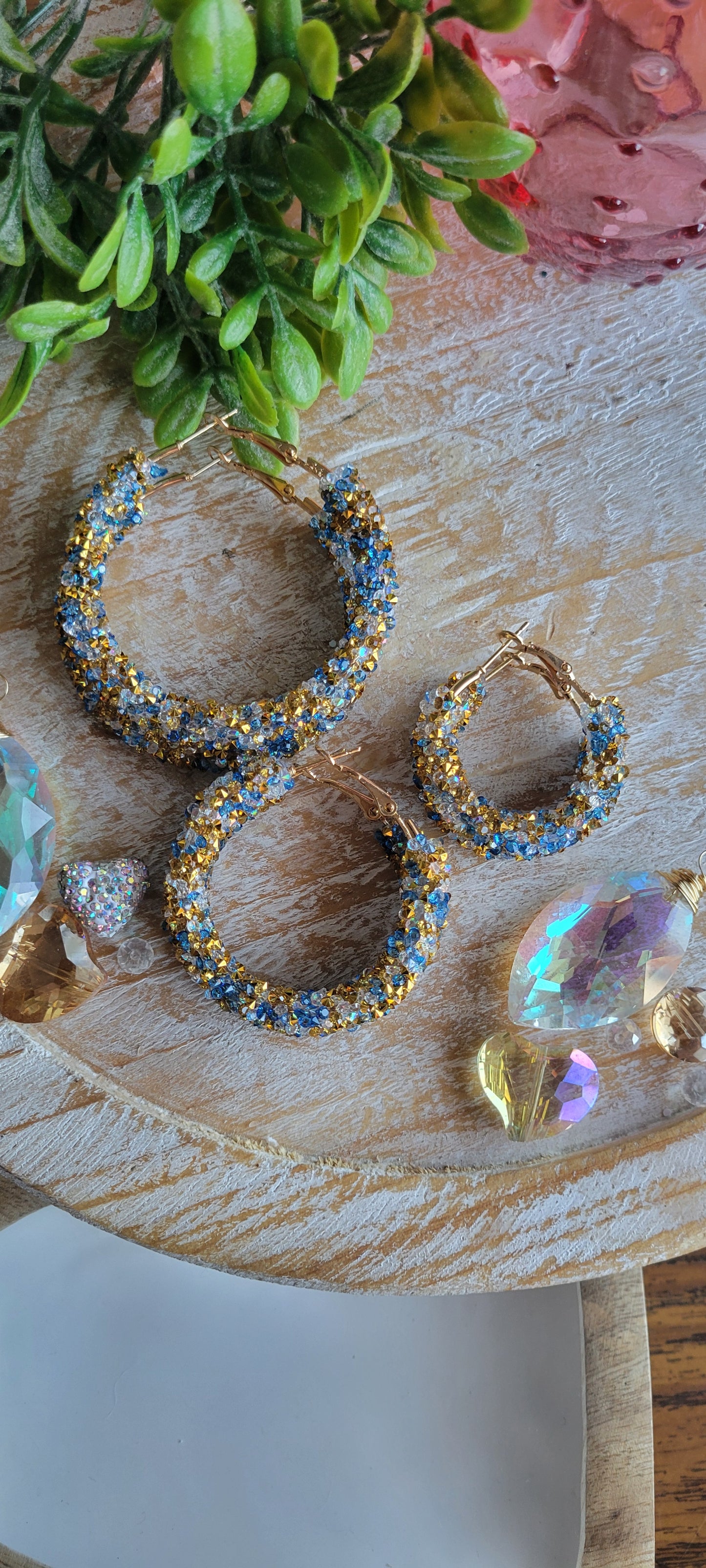 Blue and Gold Glitter Hoop Earrings