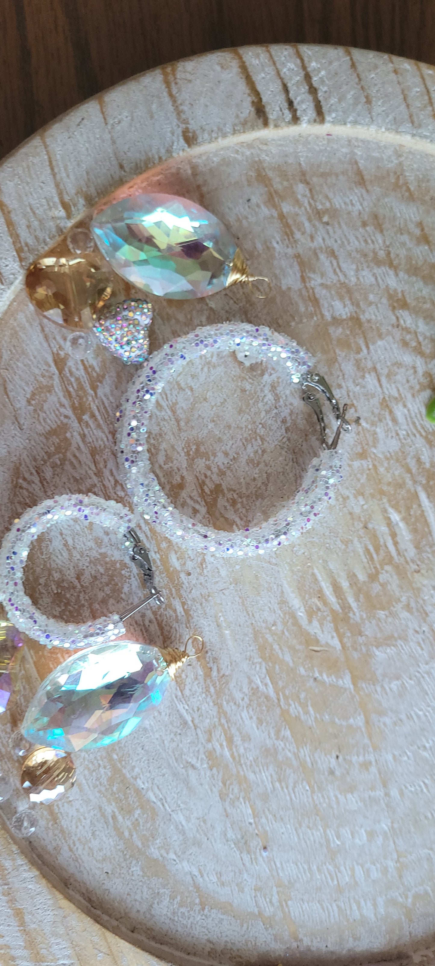 White Iridescent Glitter Hoop Earrings