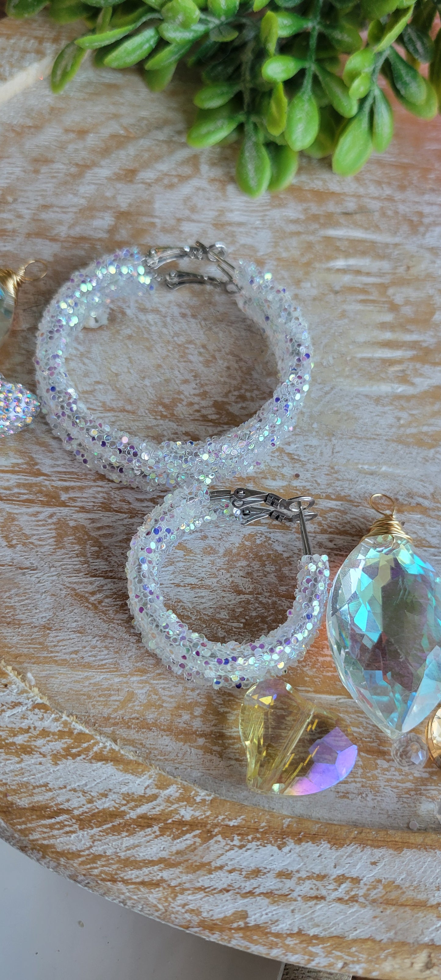 White Iridescent Glitter Hoop Earrings