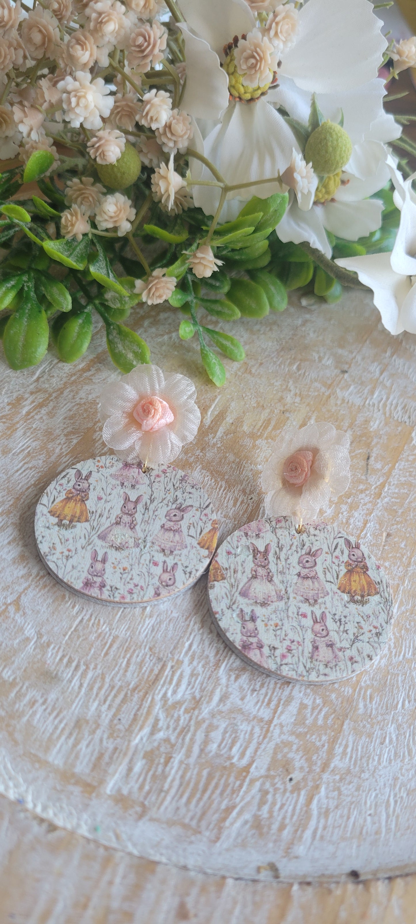 Pink Flower Bunny Earrings