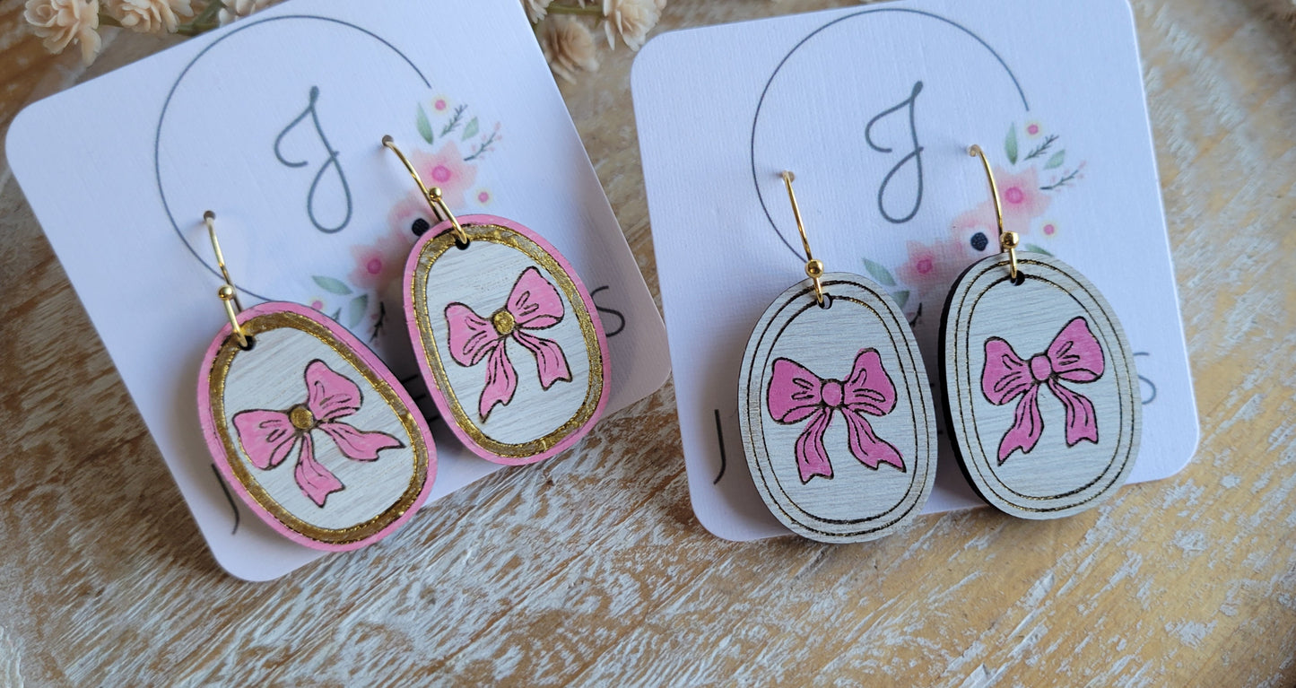 Pink Bow Wooden Earrings