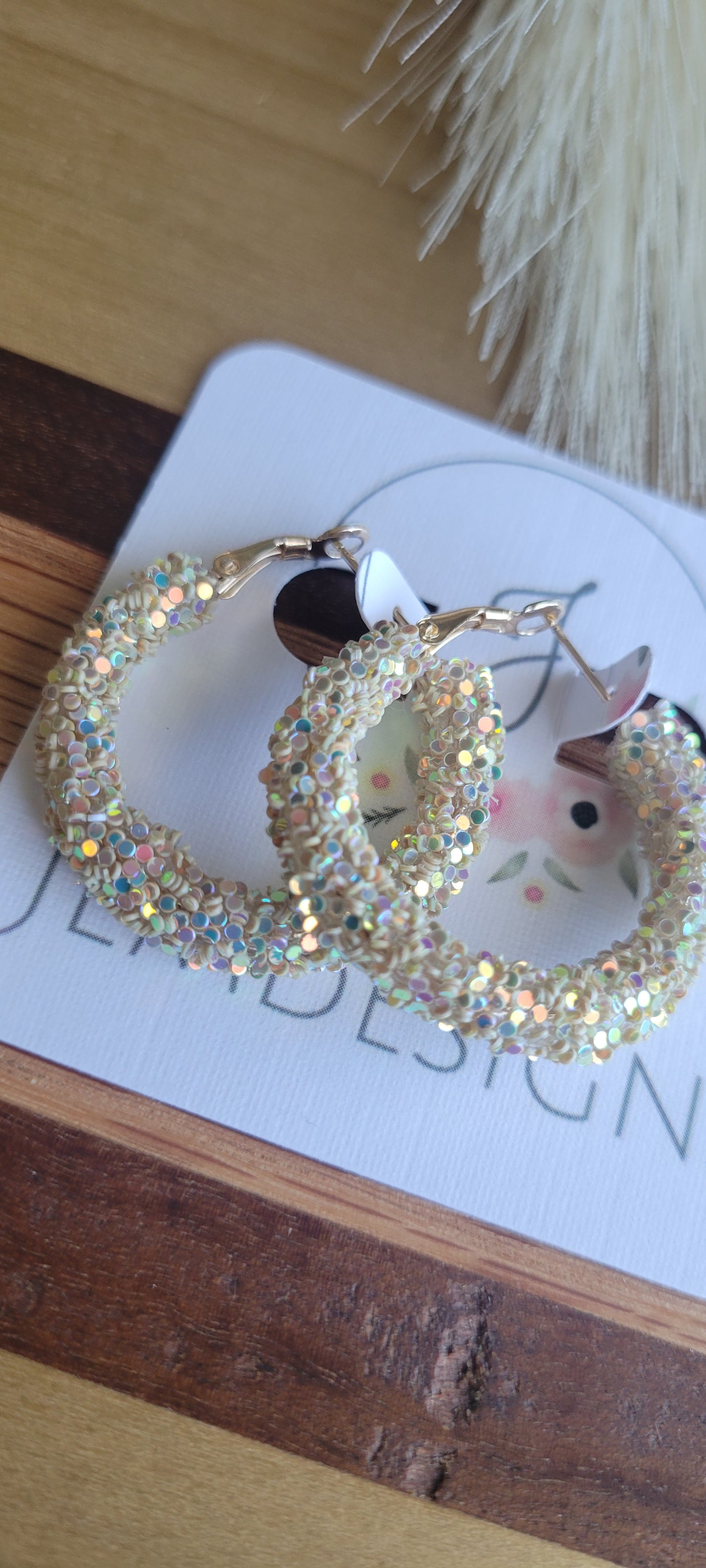 Beige Glitter Hoop Earrings