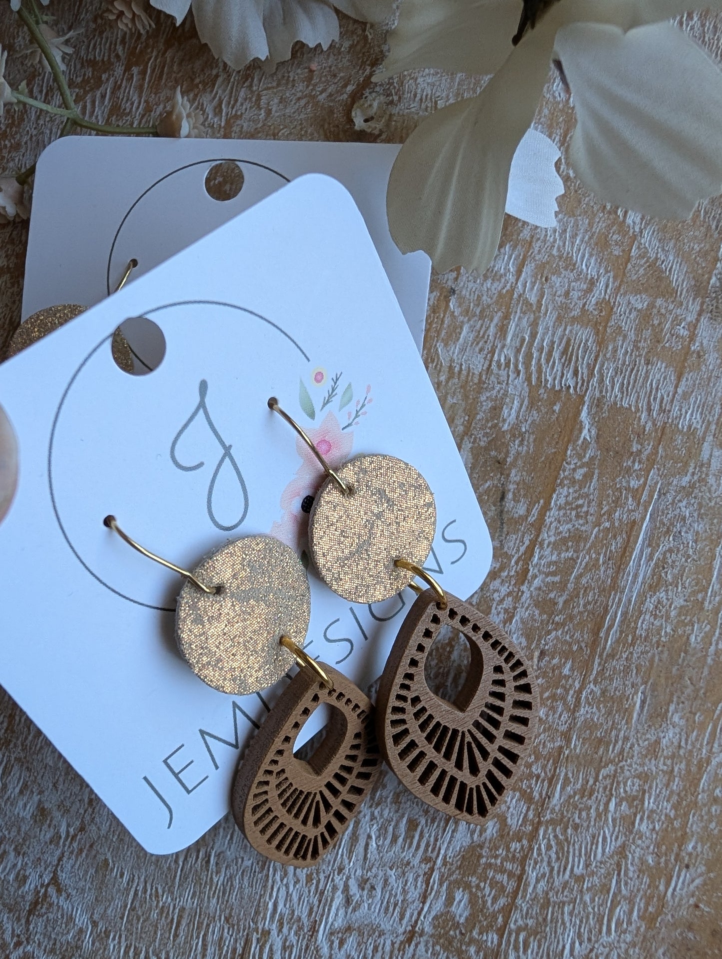 Guilded Wood and Leather Earrings