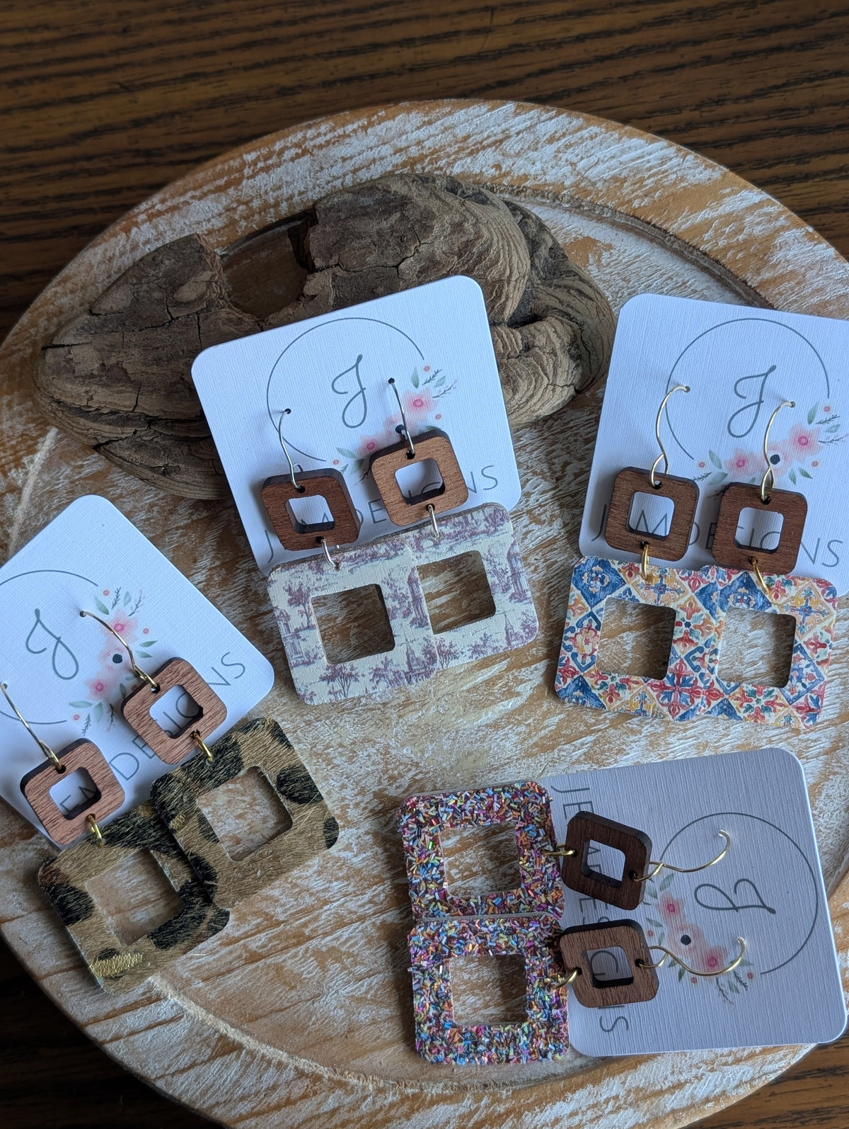 Square cutout leather and wood earrings