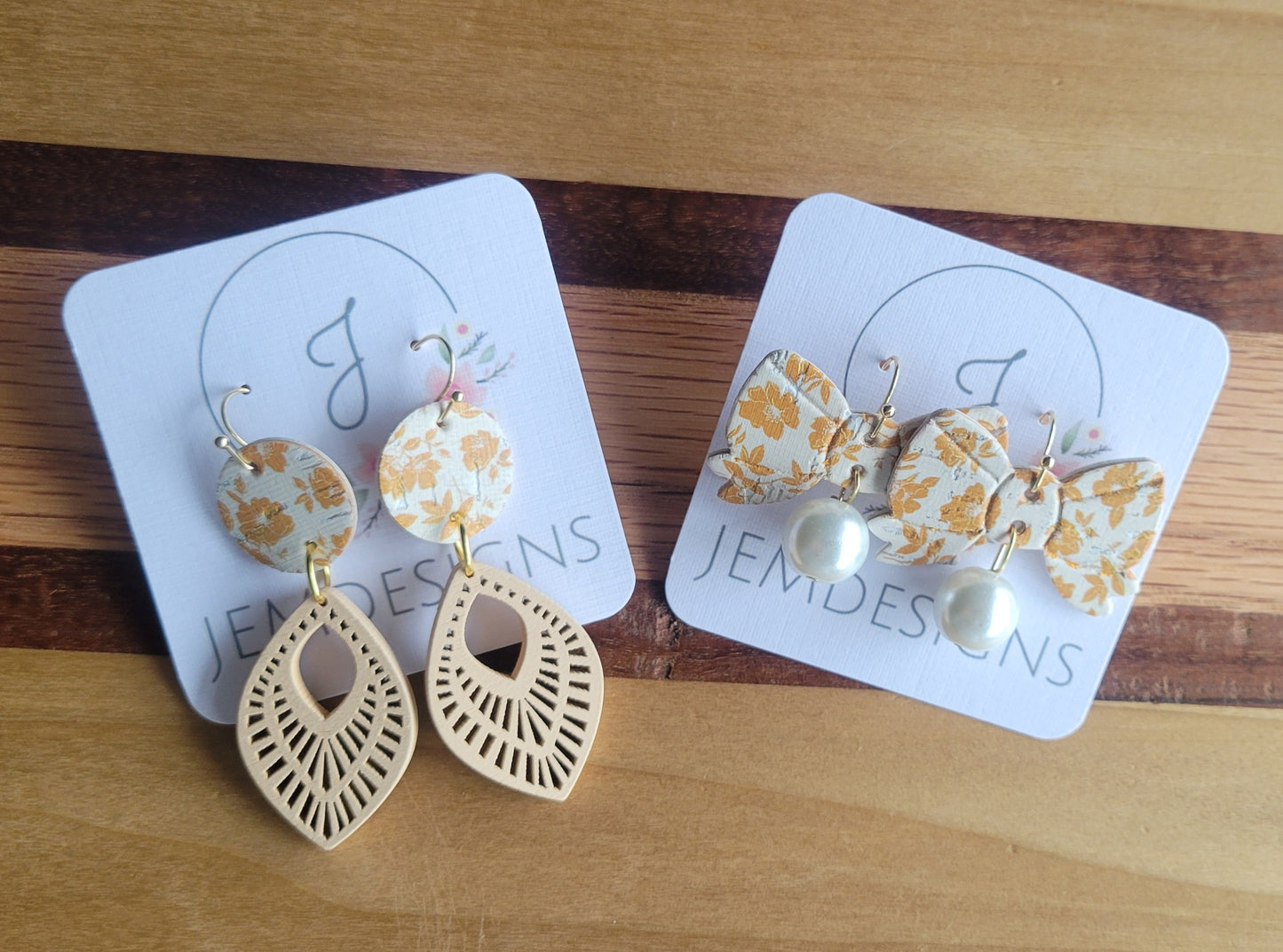 White and Tan Floral Earrings
