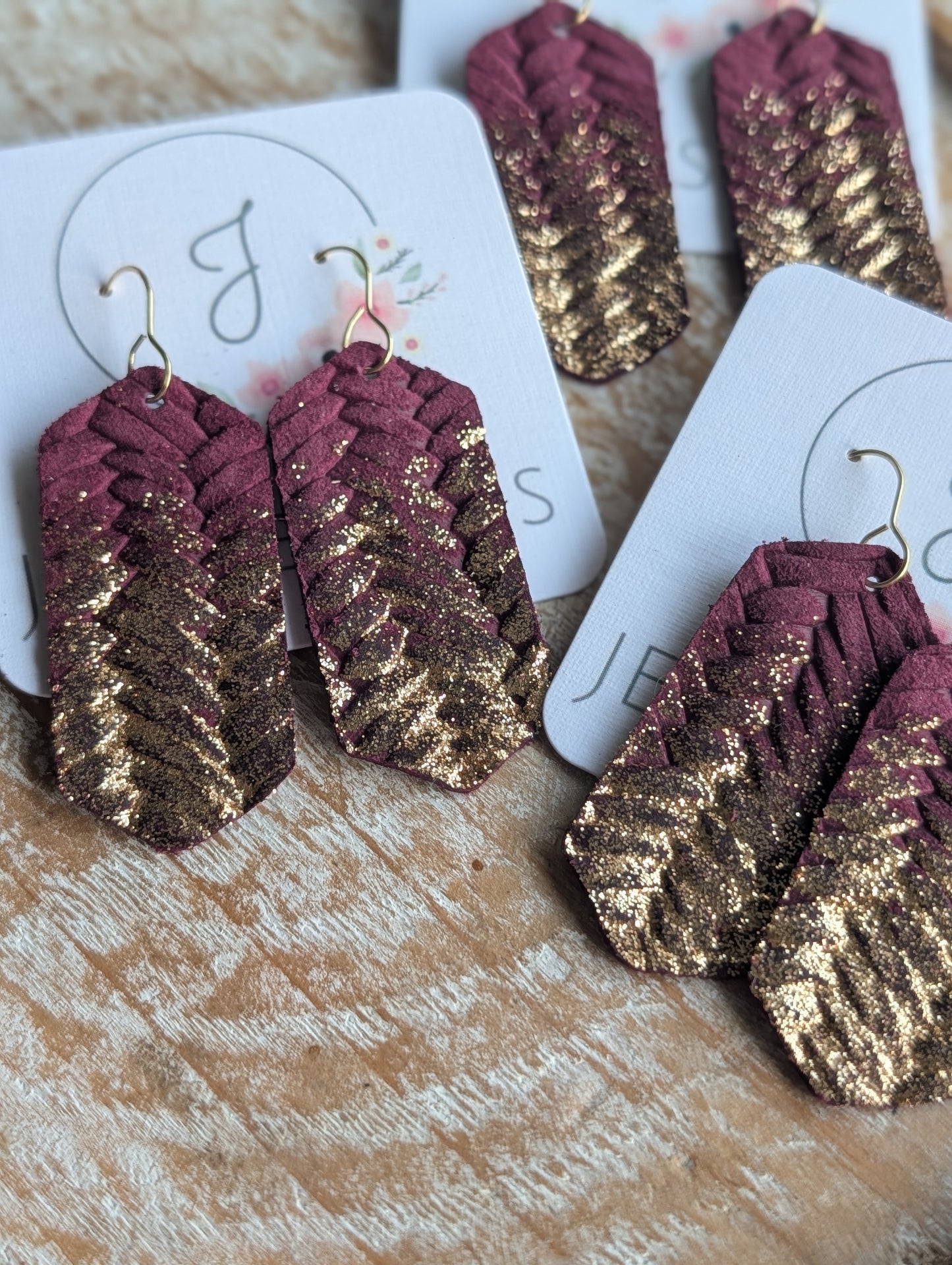 Burgundy and Gold Glitter Earrings