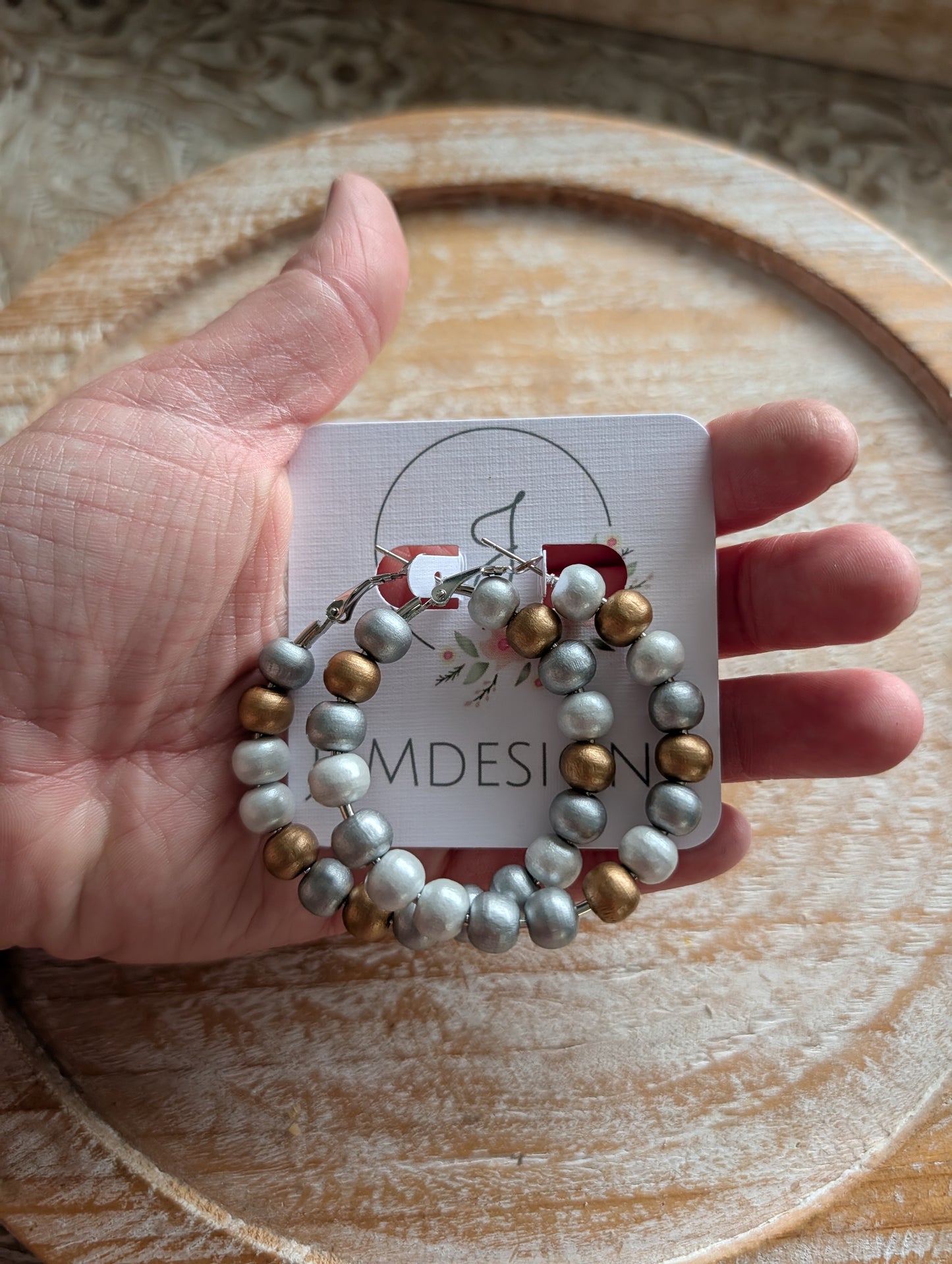 Mixed Metals Wood Bead Hoop Earrings