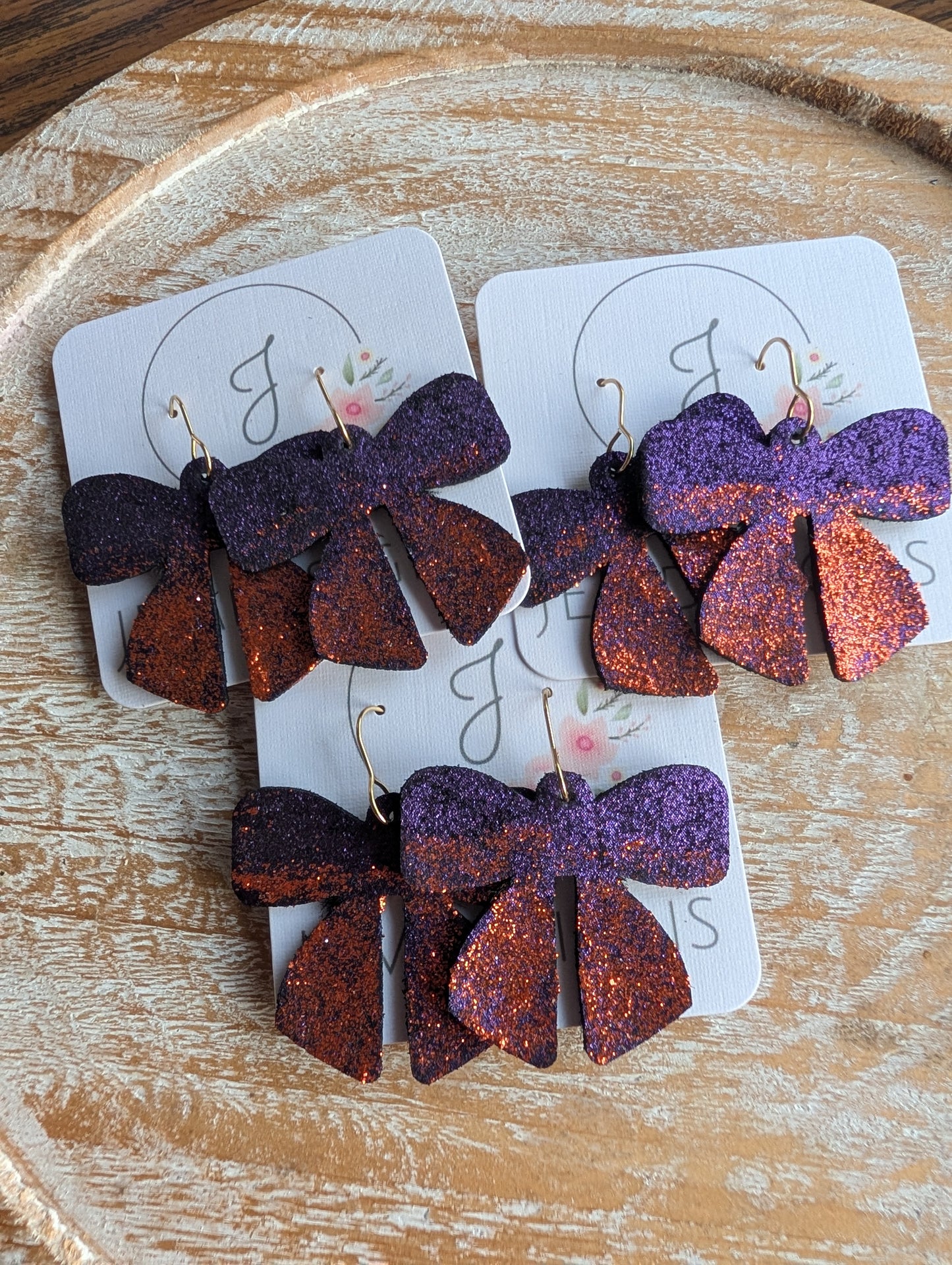 Purple and Orange Glitter Bow Earrings