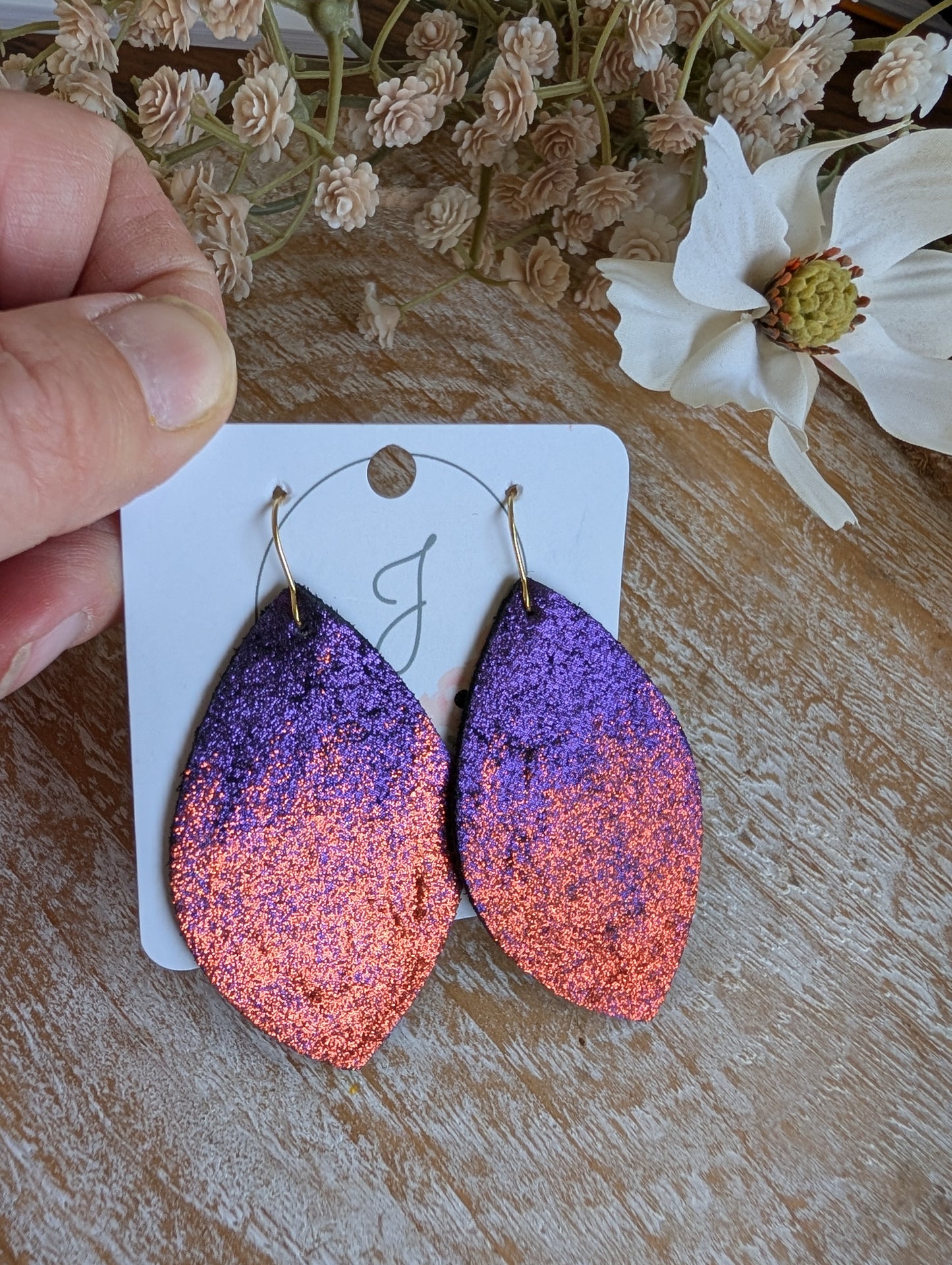 Purple and Orange Shimmer Leather Earrings