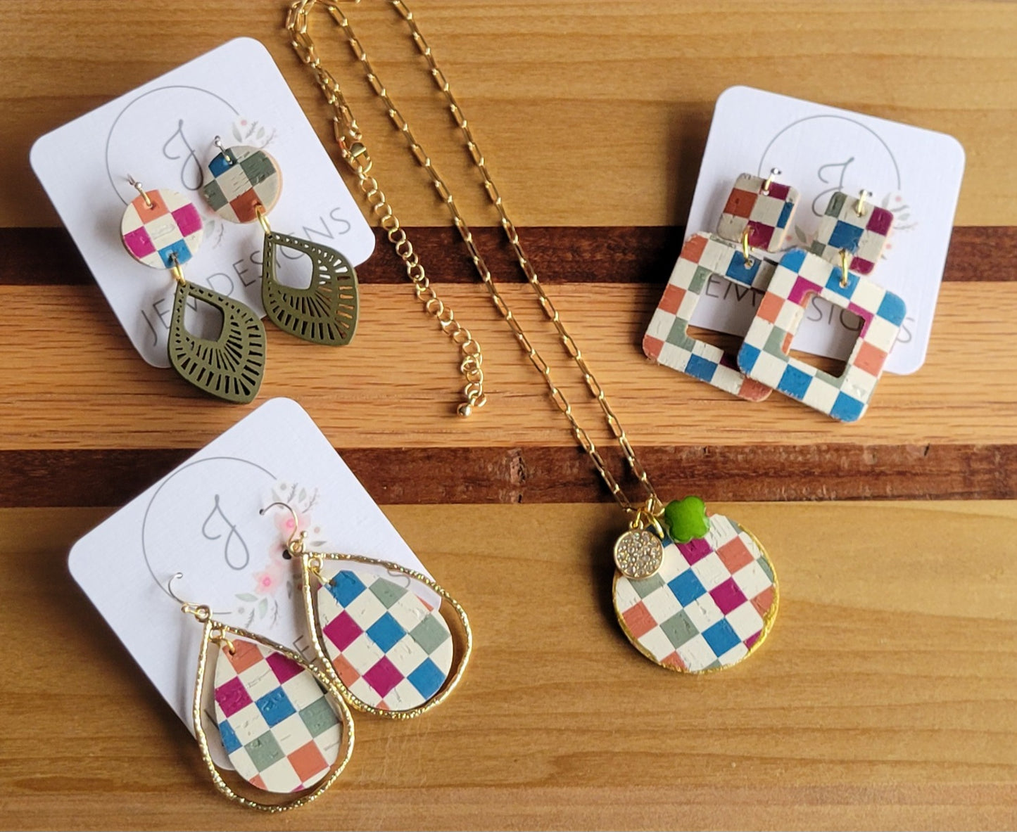 Checkered Cork Necklace and Earrings