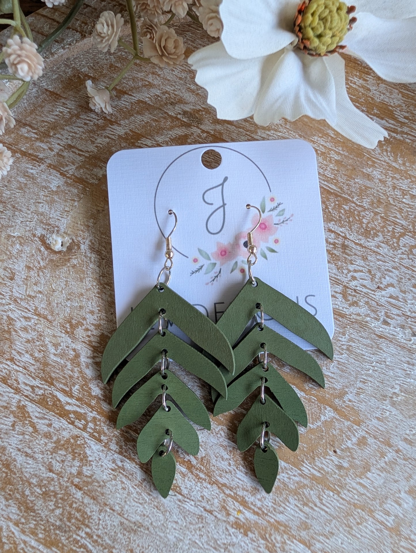 Olive Leaf Tiered Wood Earrings