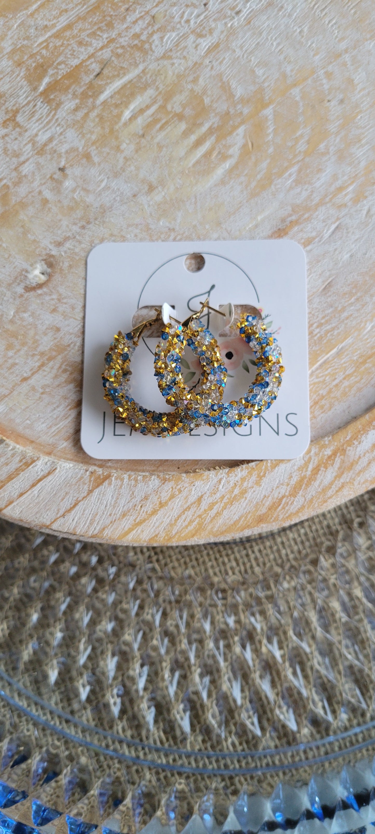 Blue and Gold Glitter Hoop Earrings