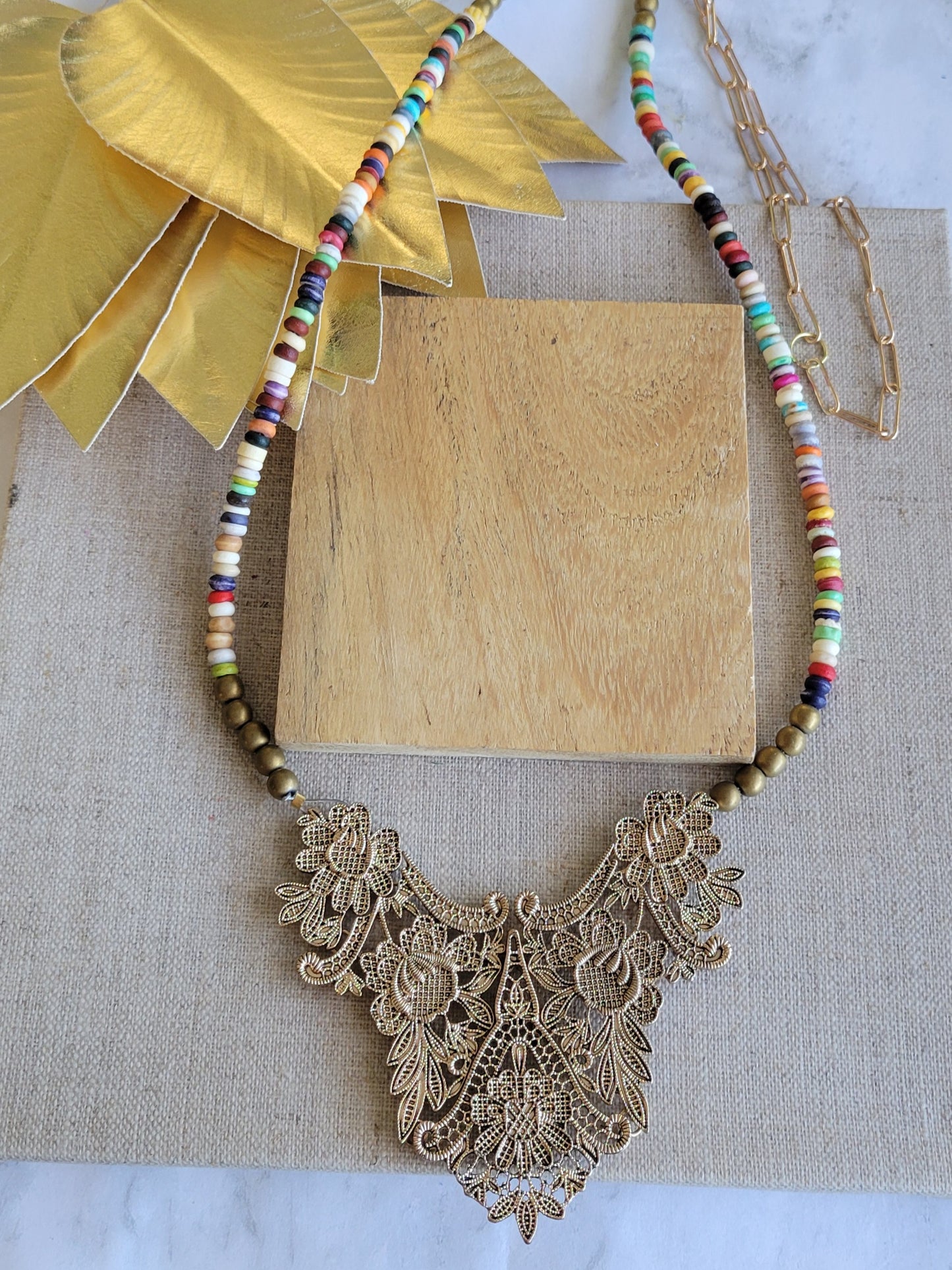 Gold Filigree Statement Necklace in multi