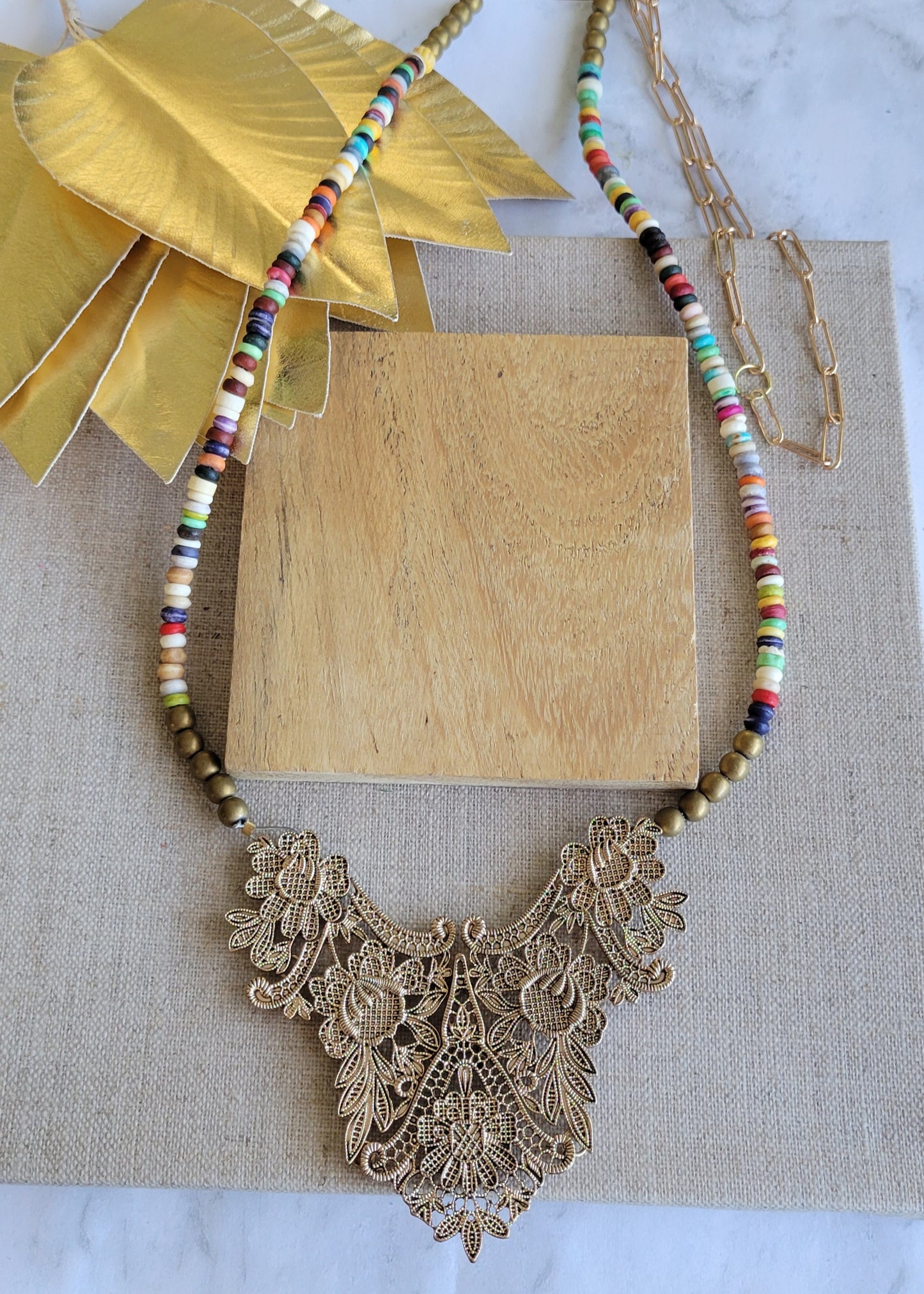 Gold Filigree Statement Necklace in multi