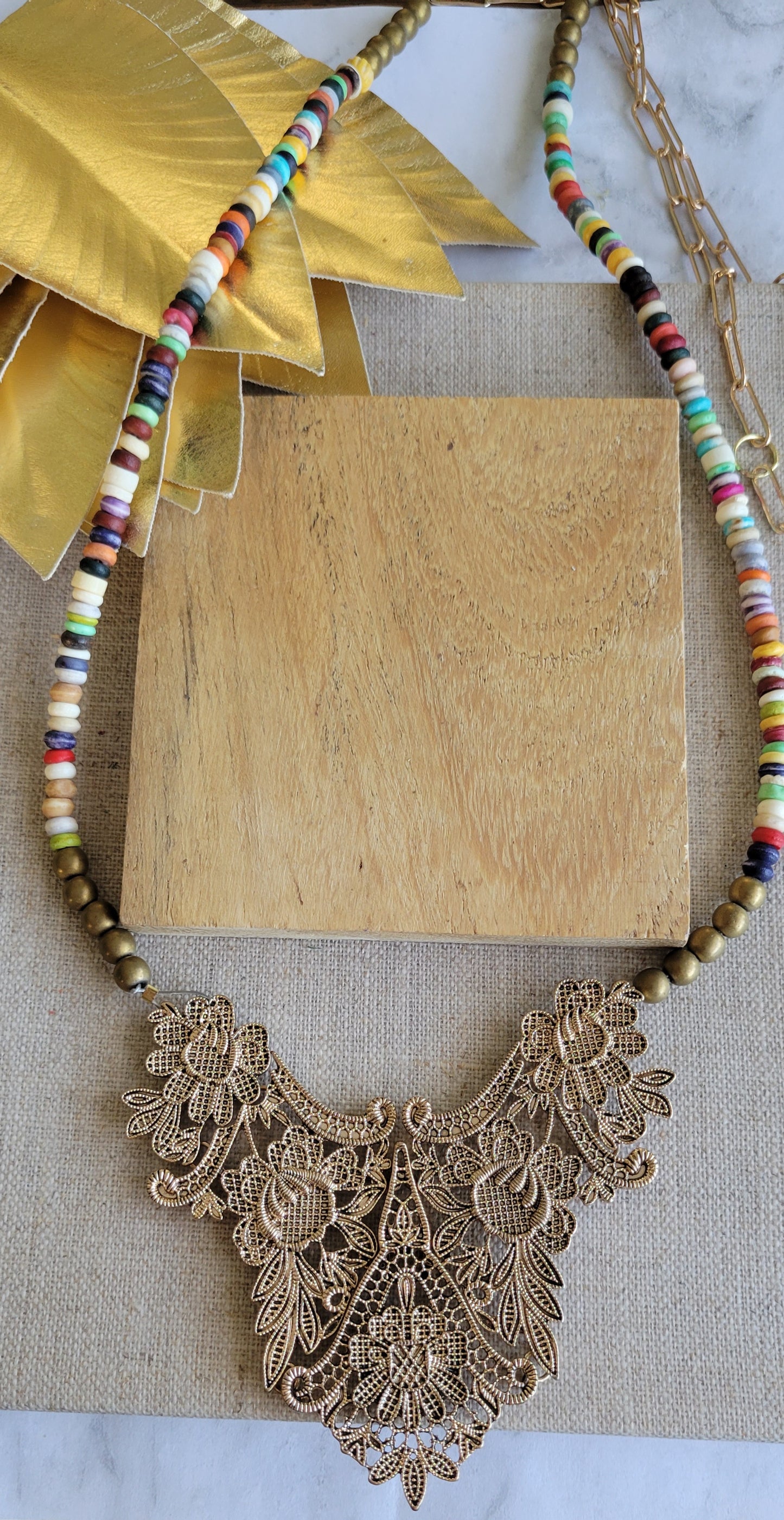 Gold Filigree Statement Necklace in multi