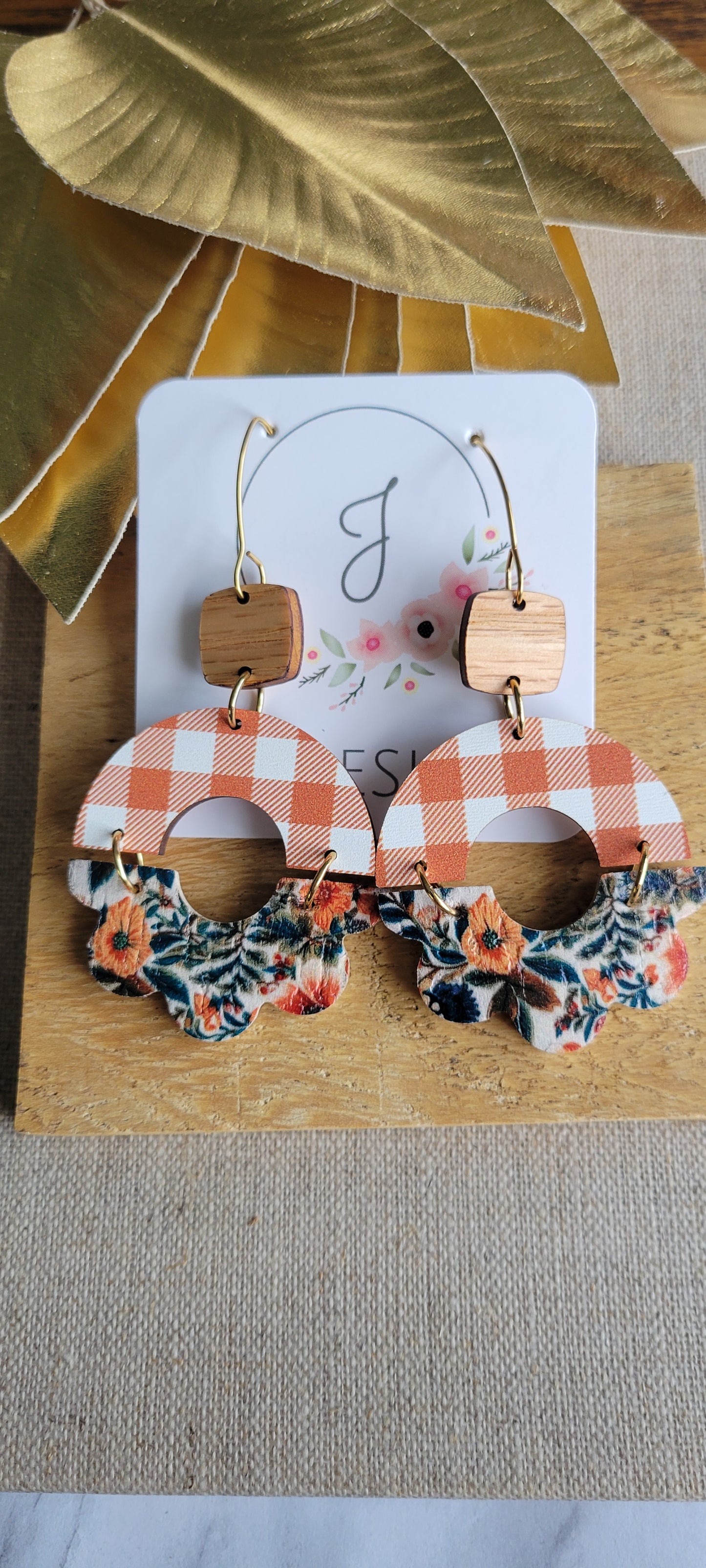 Buffalo Plaid and Floral Wood Earrings