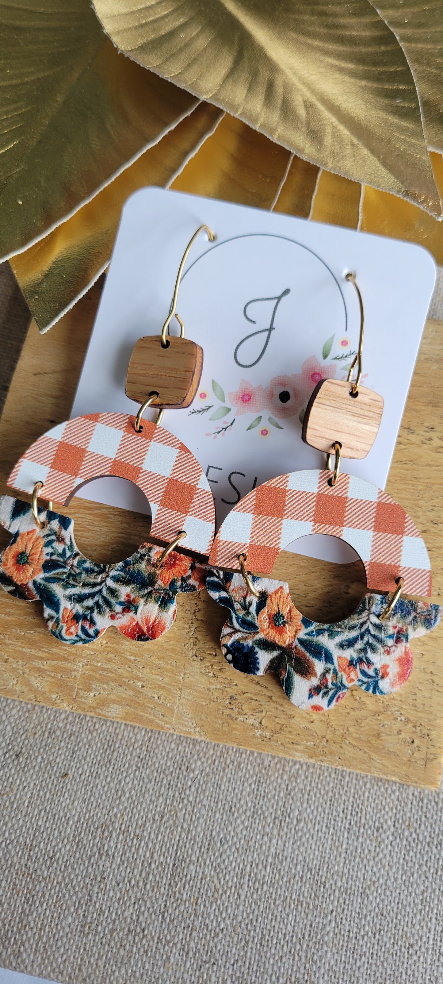 Buffalo Plaid and Floral Wood Earrings