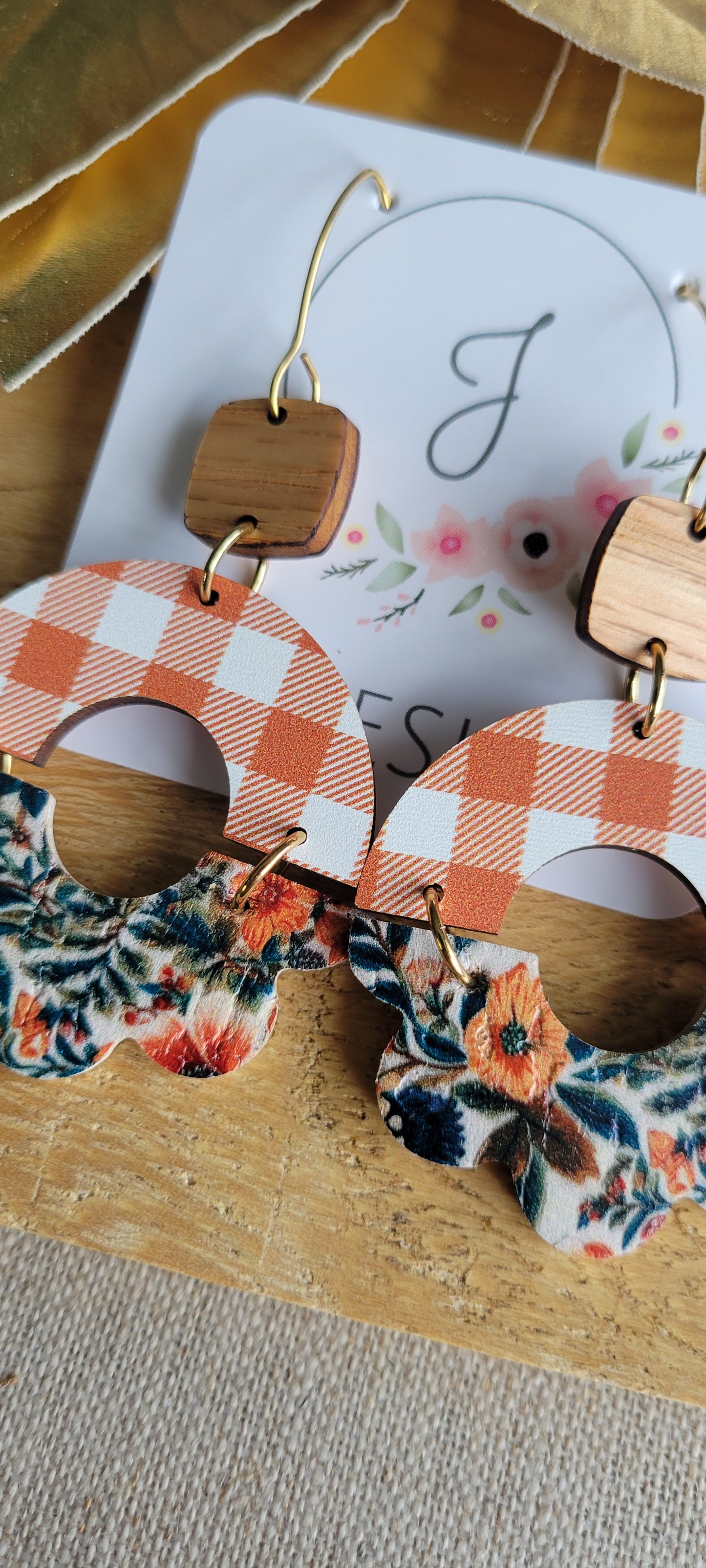 Buffalo Plaid and Floral Wood Earrings