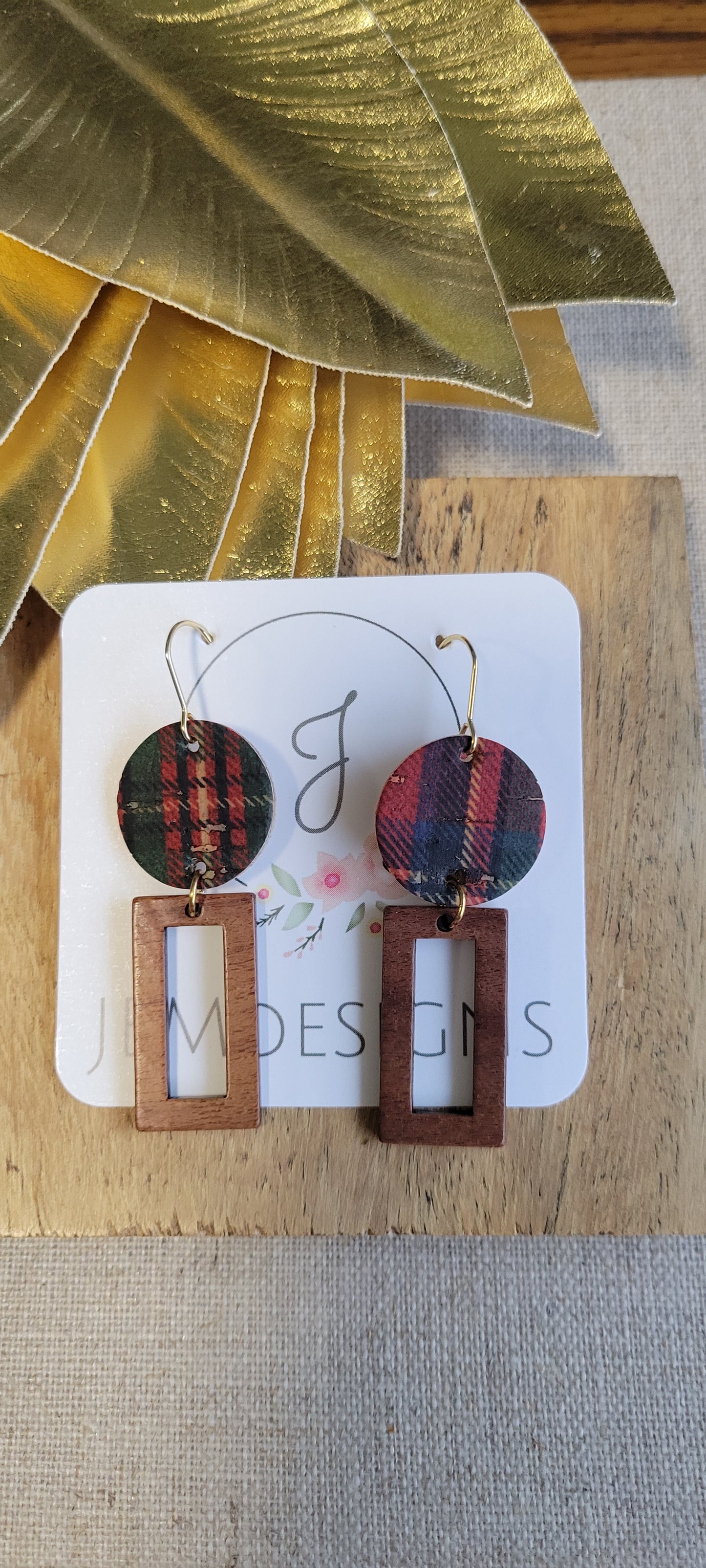 Christmas Plaid and Wood Earrings