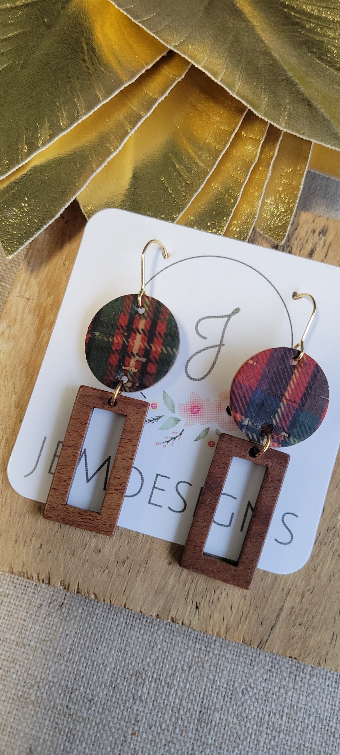 Christmas Plaid and Wood Earrings