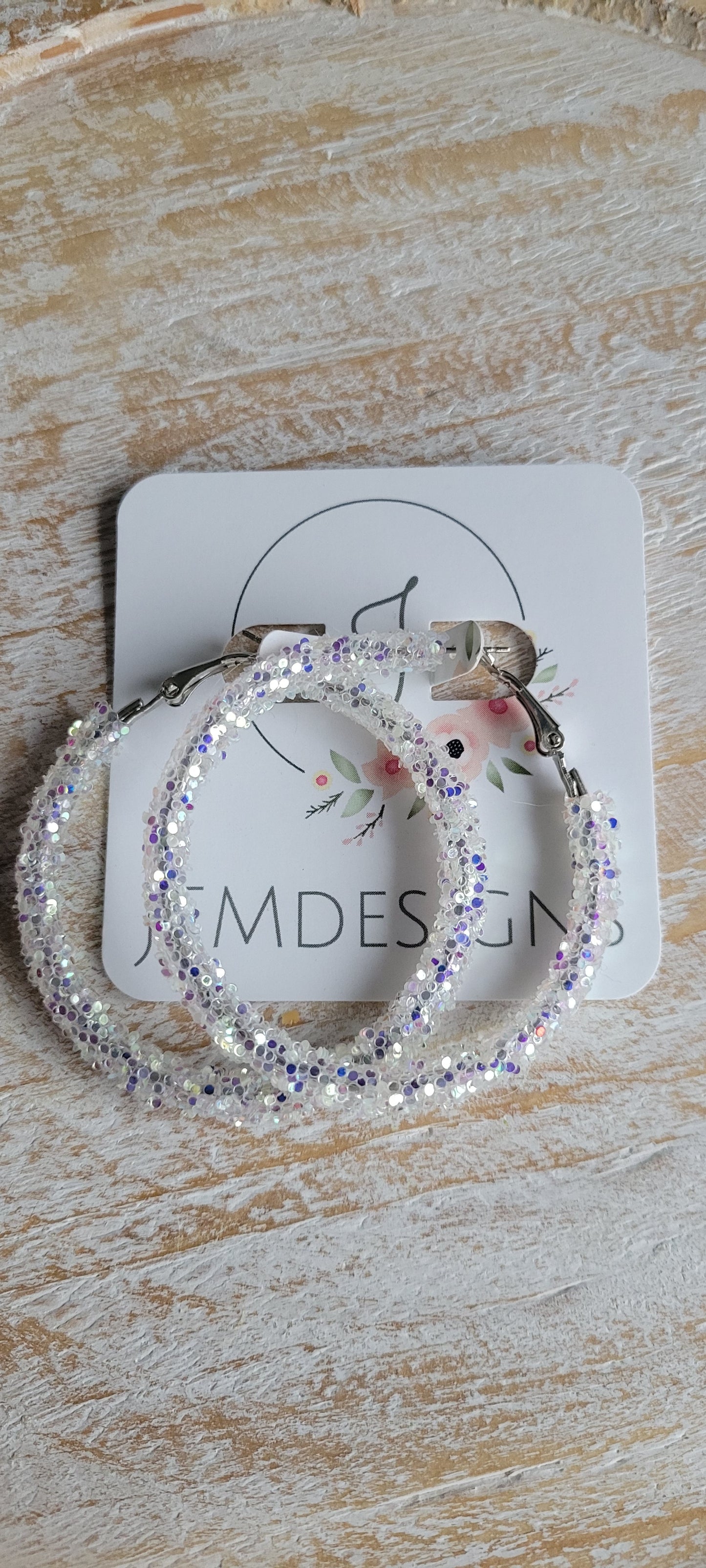 White Iridescent Glitter Hoop Earrings