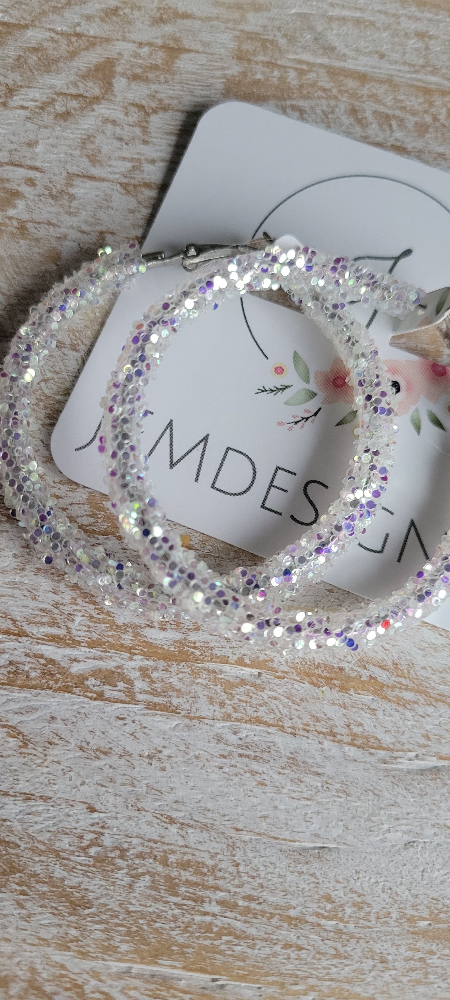 White Iridescent Glitter Hoop Earrings