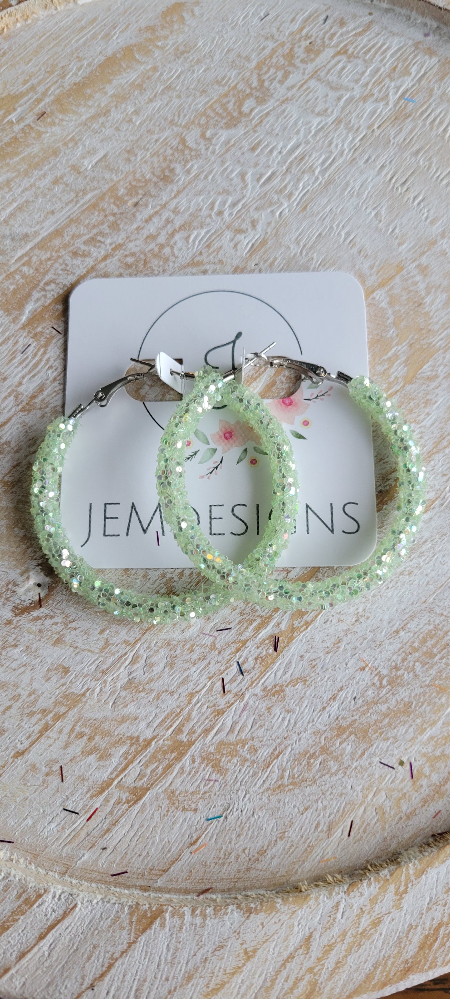 Pastel Green Glitter Hoop Earrings