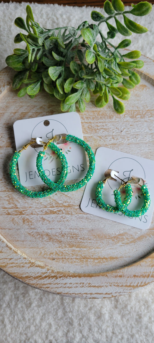 Green Glitter Hoop Earrings