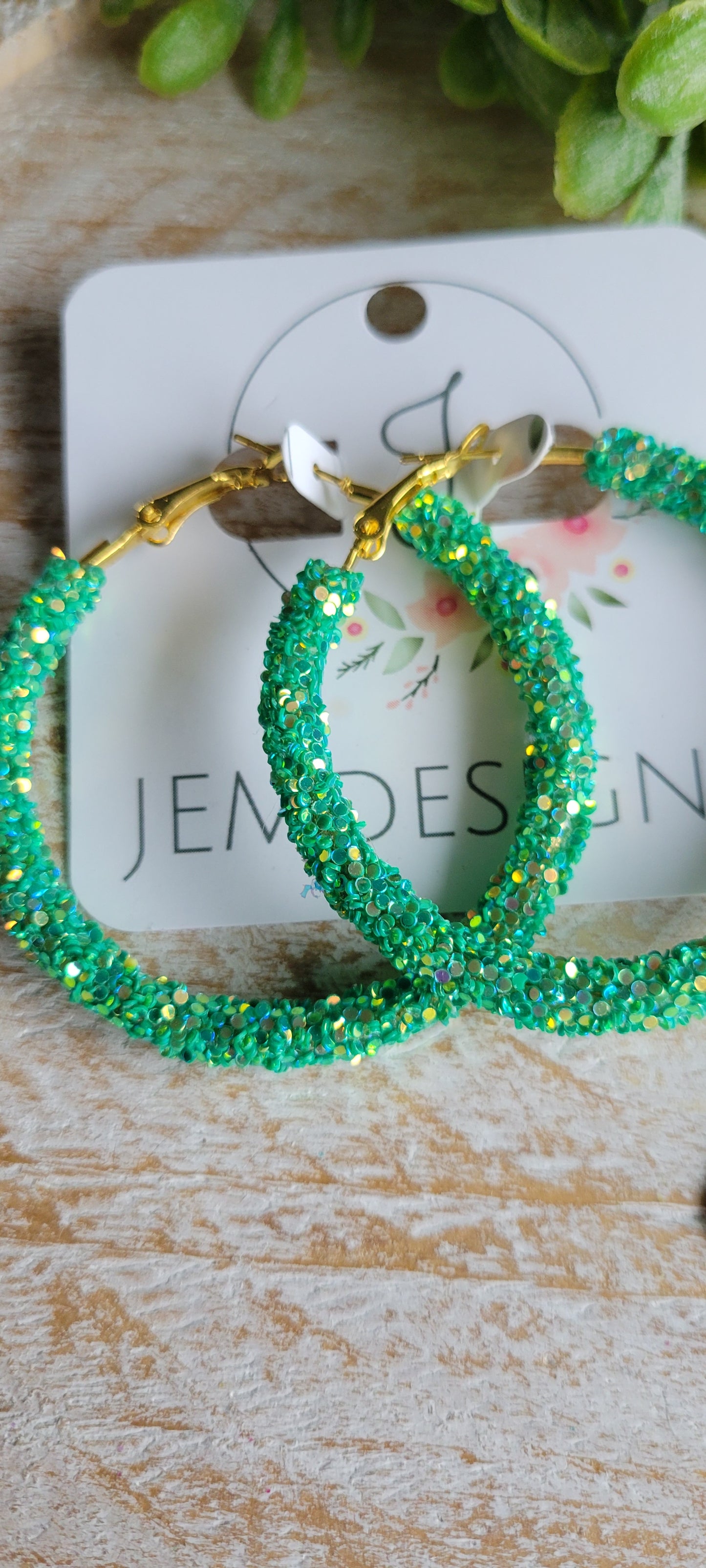 Green Glitter Hoop Earrings