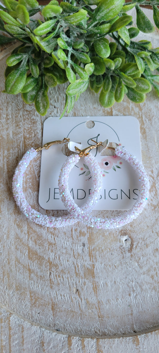 White Glitter Hoop Earrings