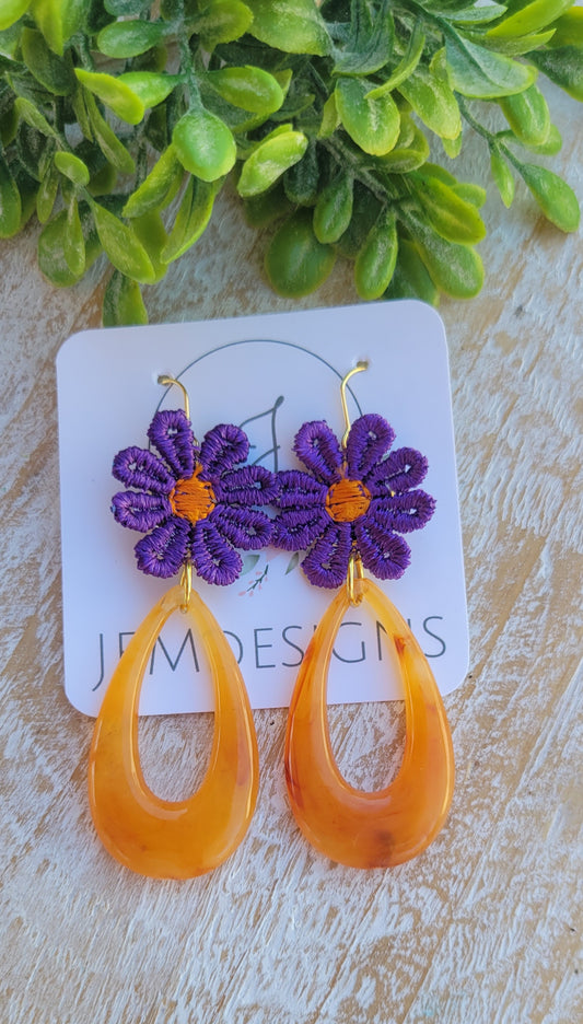 Purple and Orange Flower Earrings