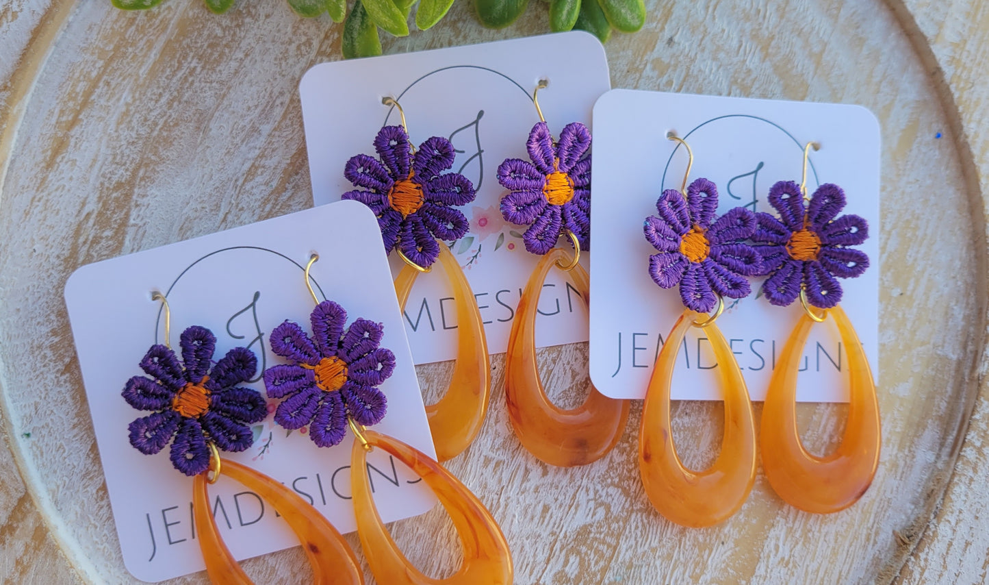 Purple and Orange Flower Earrings