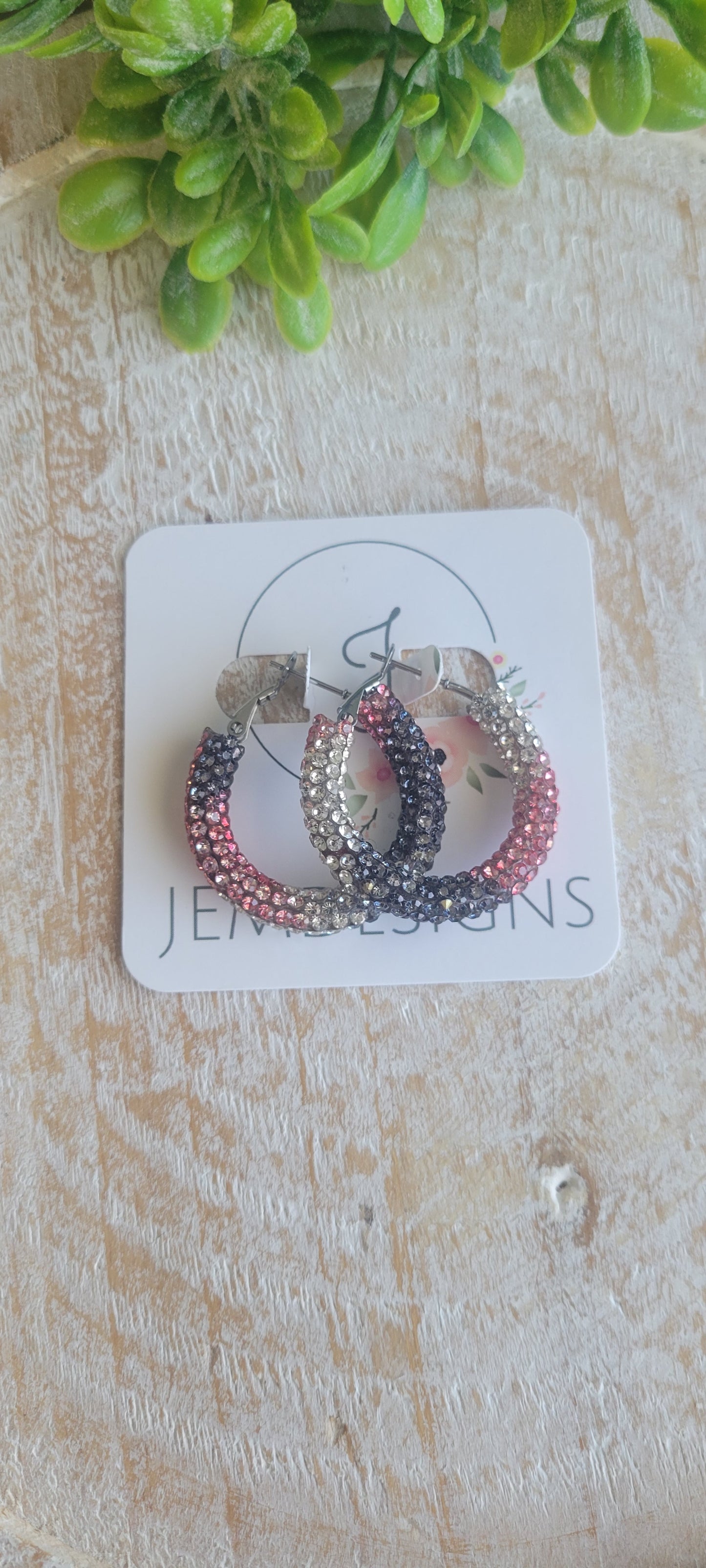 Pink and Black Rhinestone Hoop Earrings