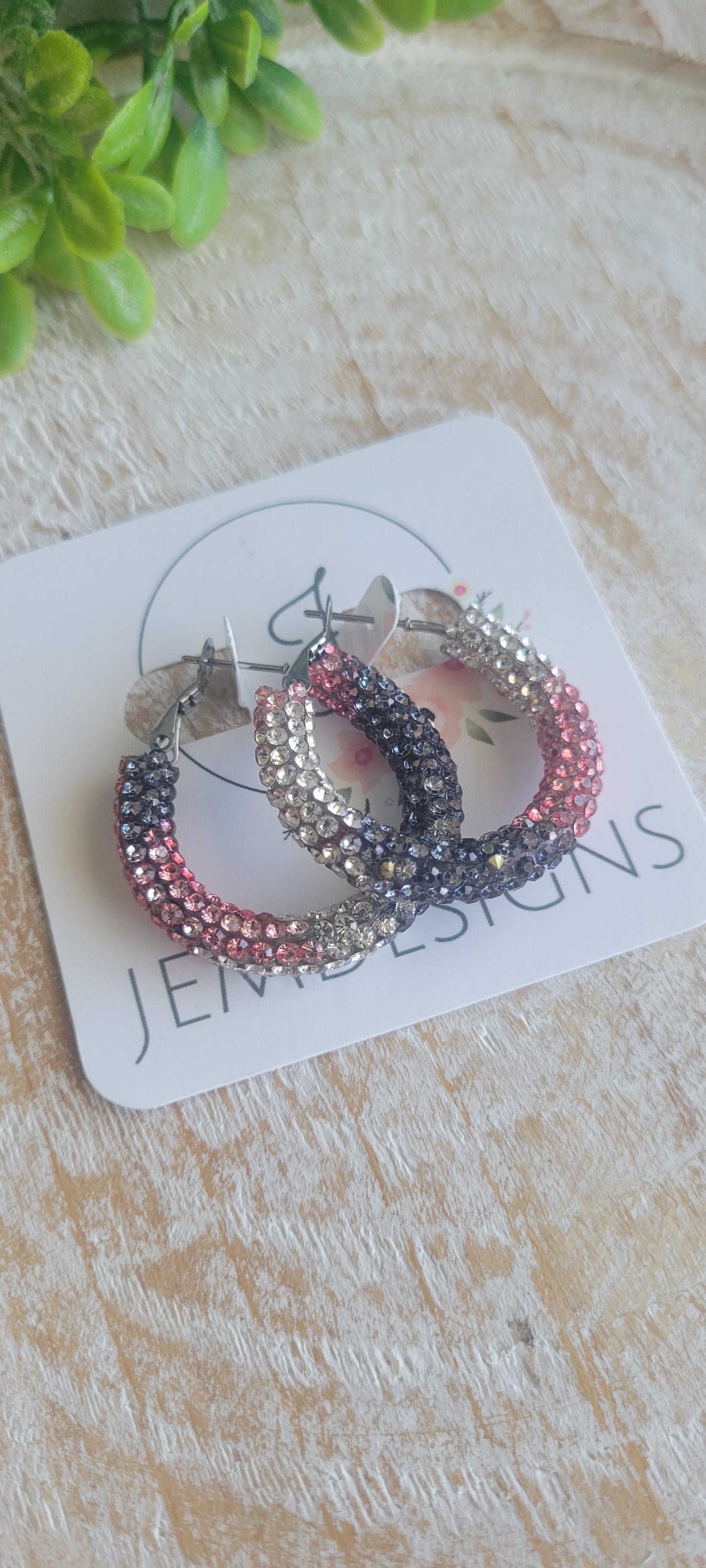 Pink and Black Rhinestone Hoop Earrings