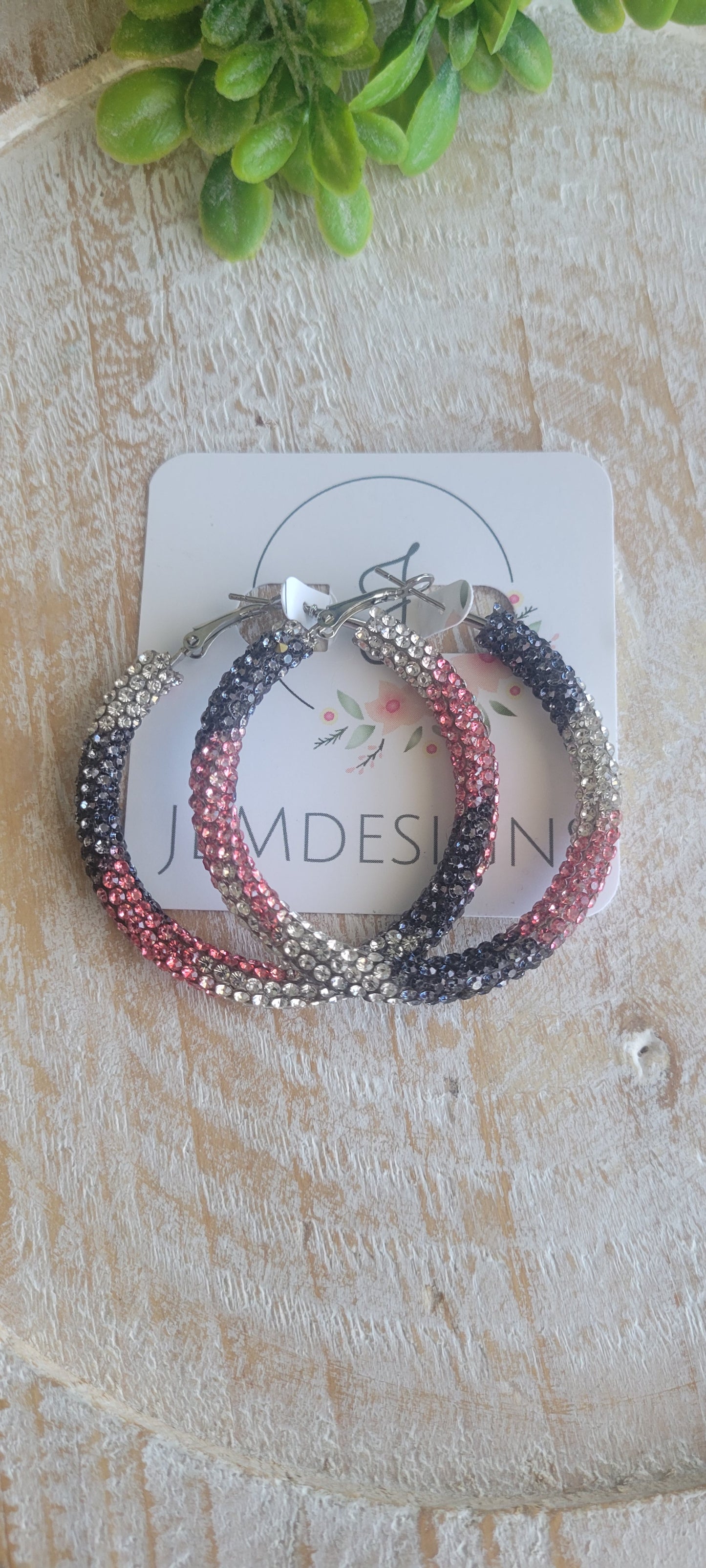 Pink and Black Rhinestone Hoop Earrings