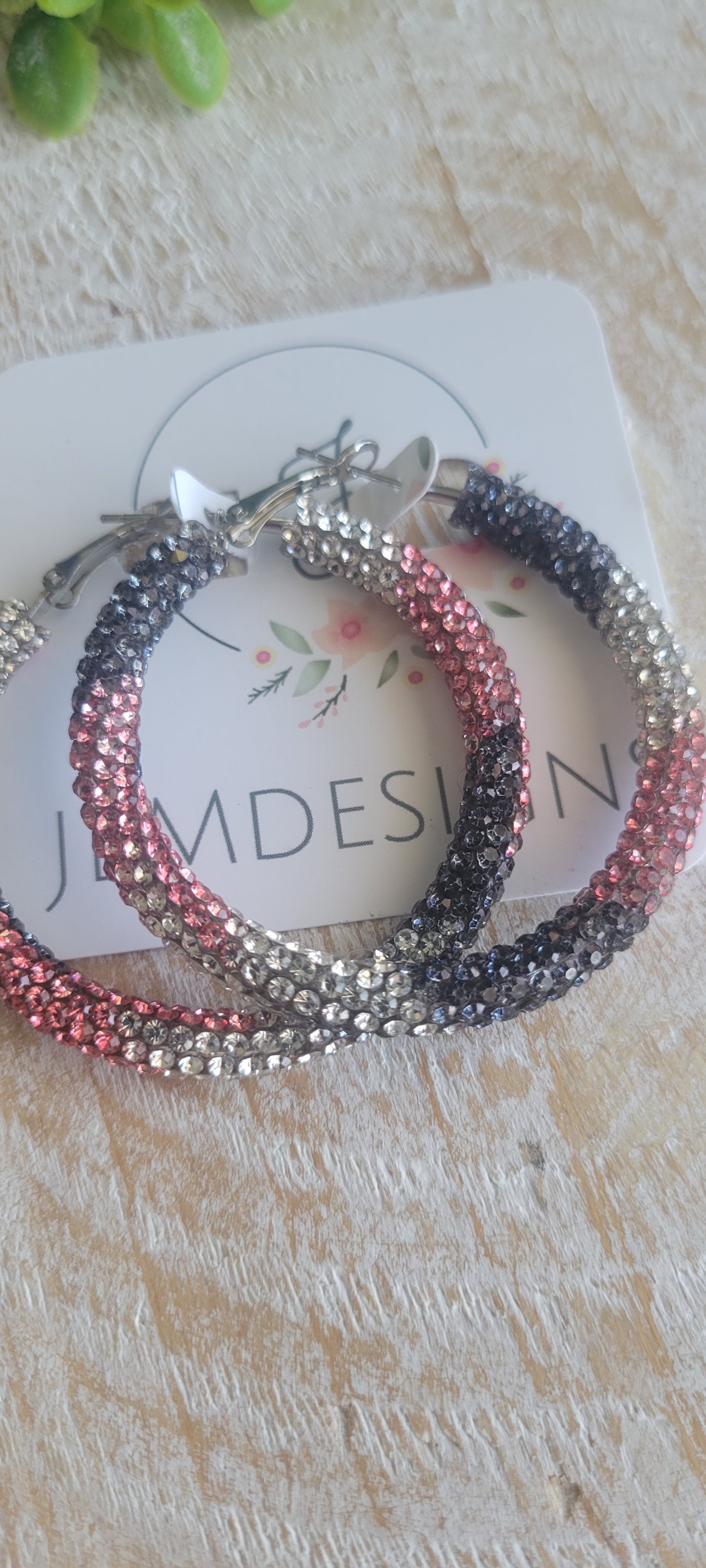 Pink and Black Rhinestone Hoop Earrings