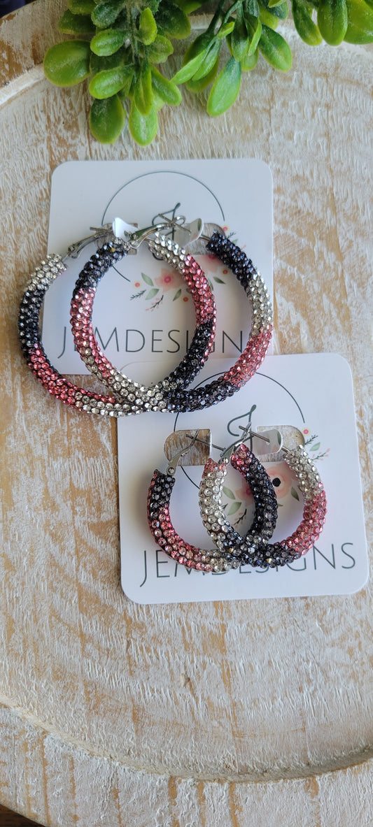 Pink and Black Rhinestone Hoop Earrings