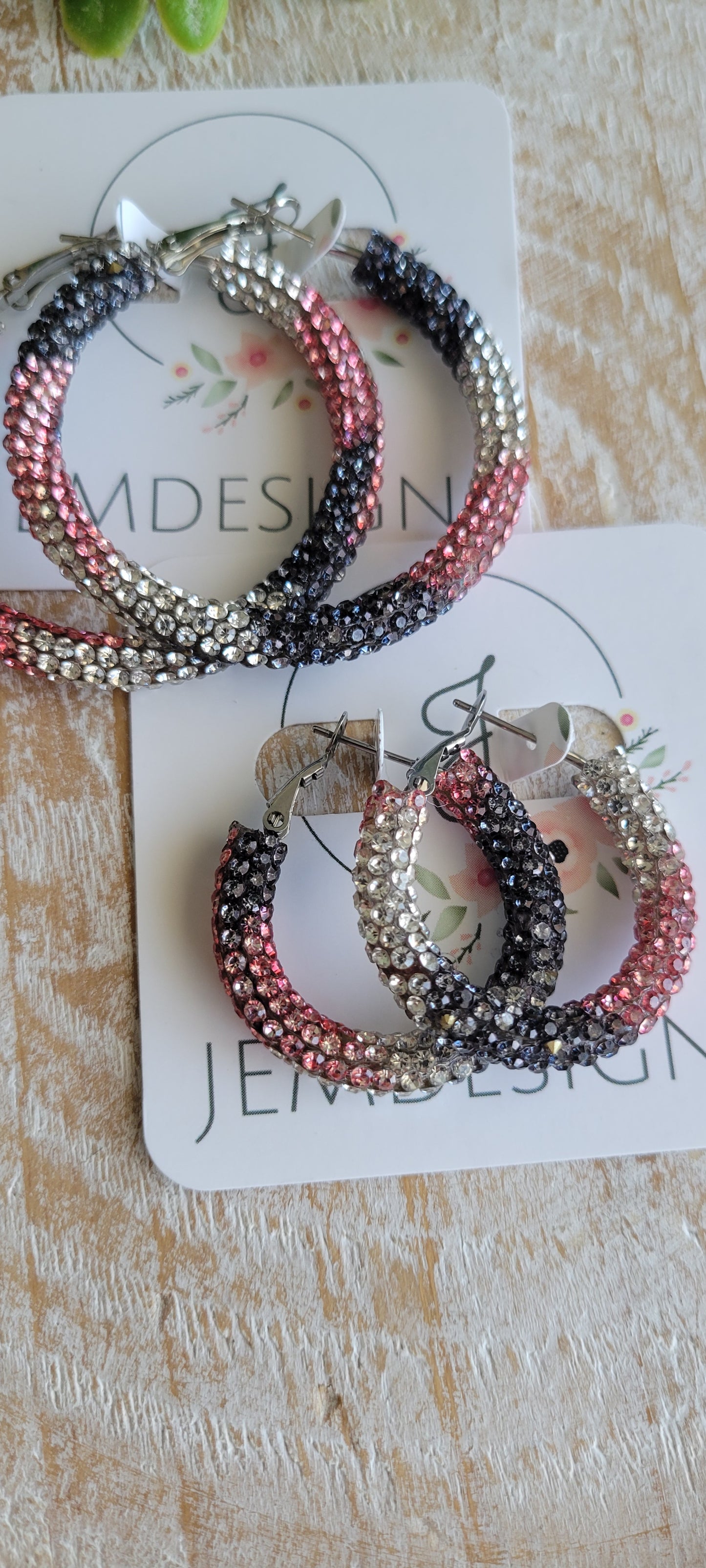 Pink and Black Rhinestone Hoop Earrings