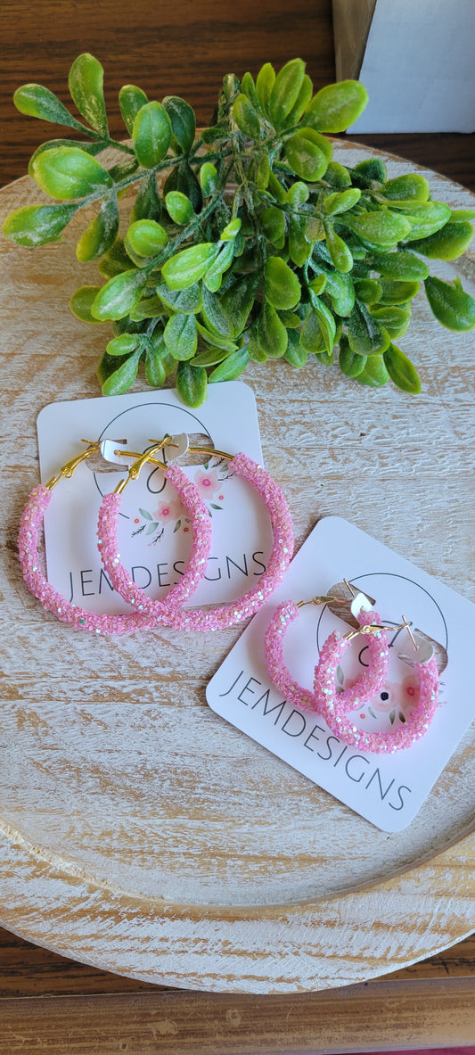 Mauve Pink Glitter Hoop Earrings