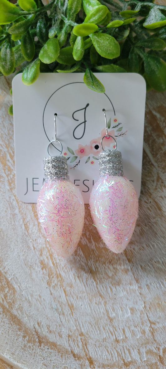 Pink Glitter Christmas Light Earrings