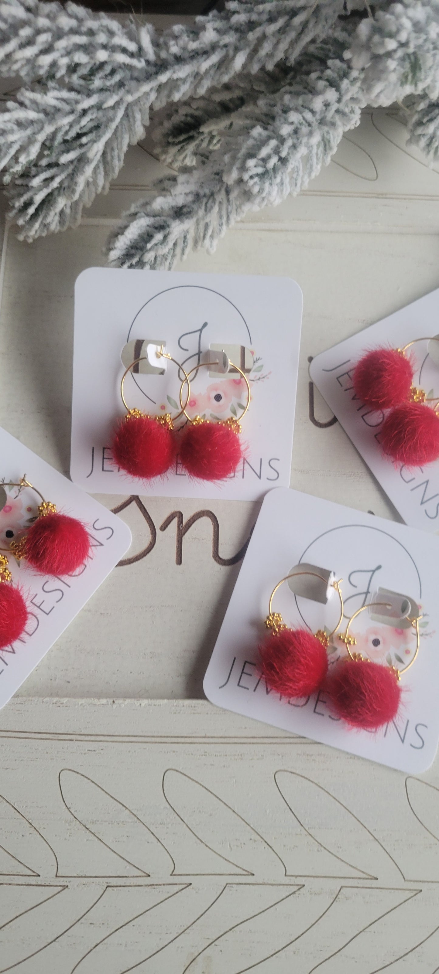 Red PomPom Earrings