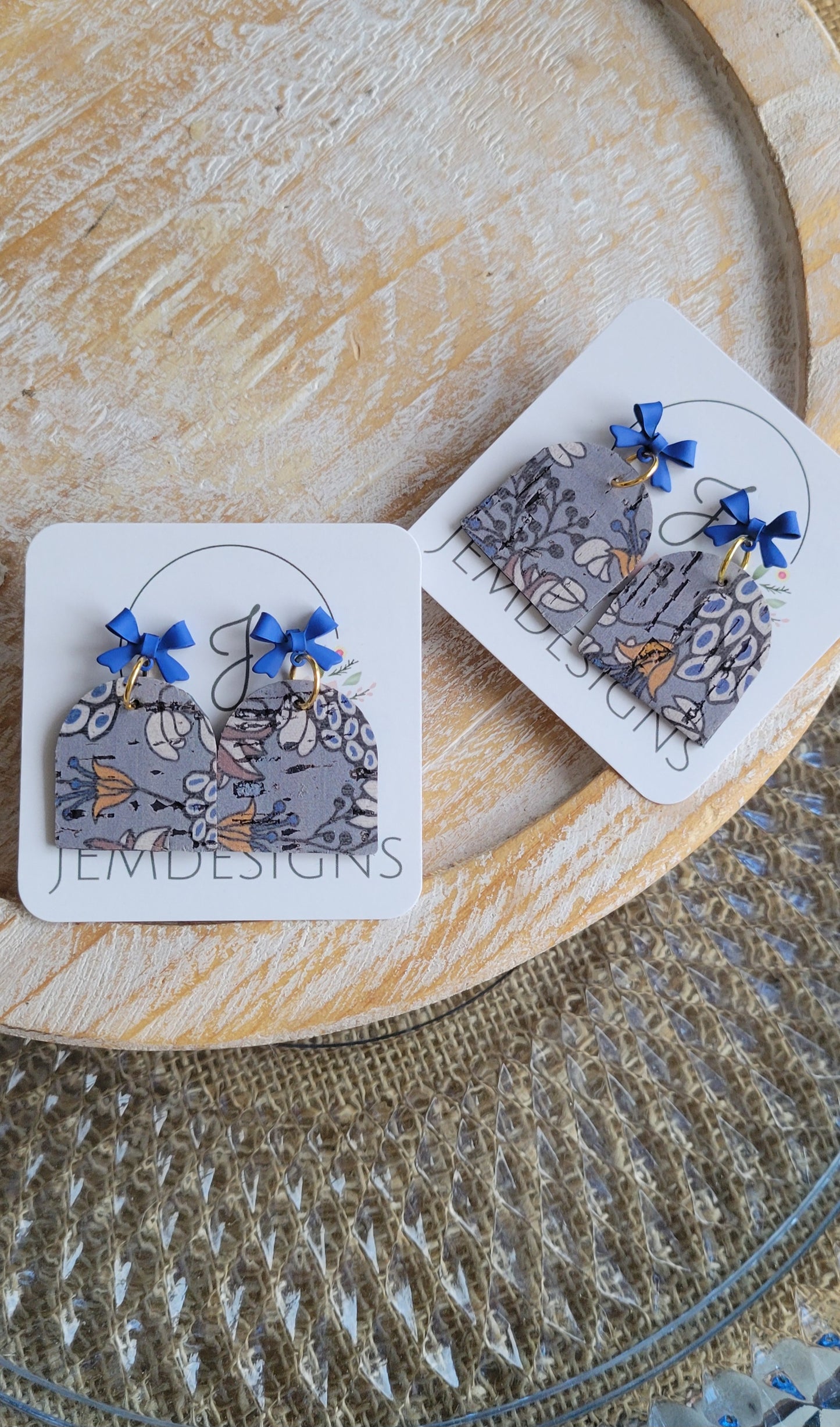 Blue Cork Bow Earrings