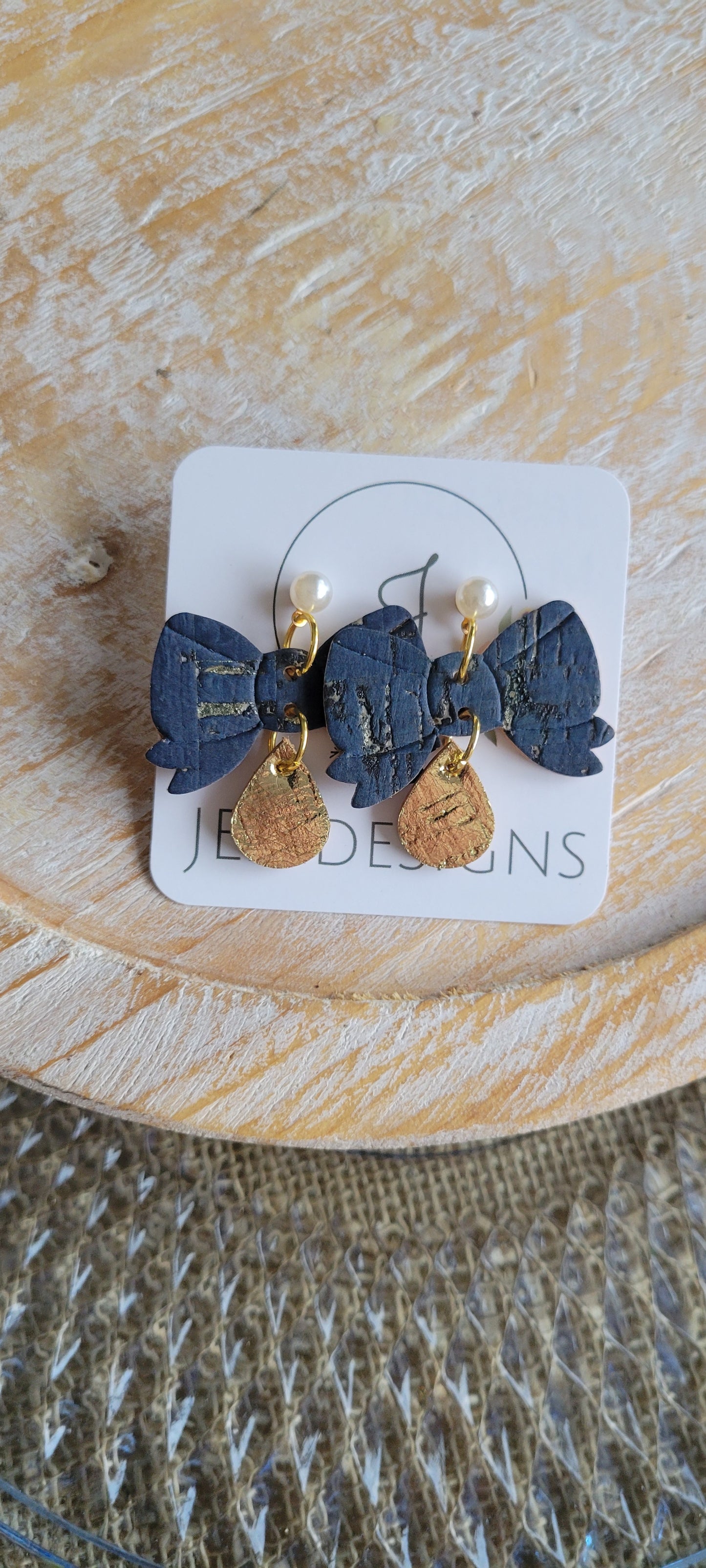 Navy Cork Bow Earrings