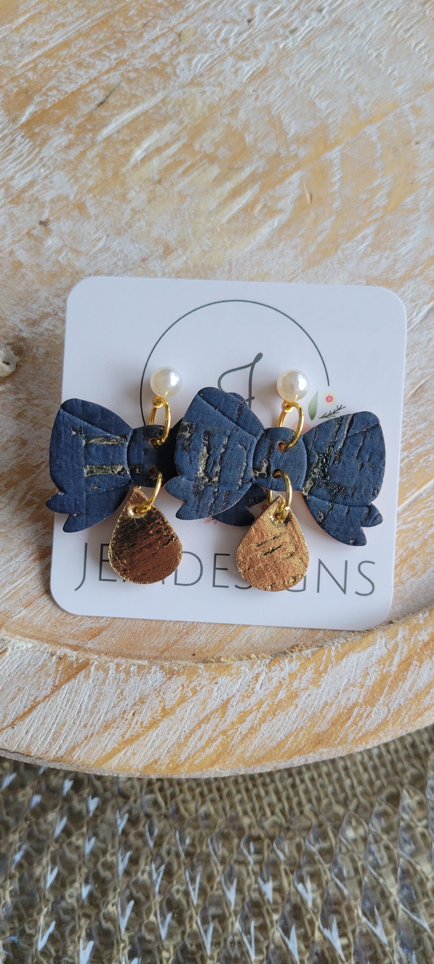 Navy Cork Bow Earrings