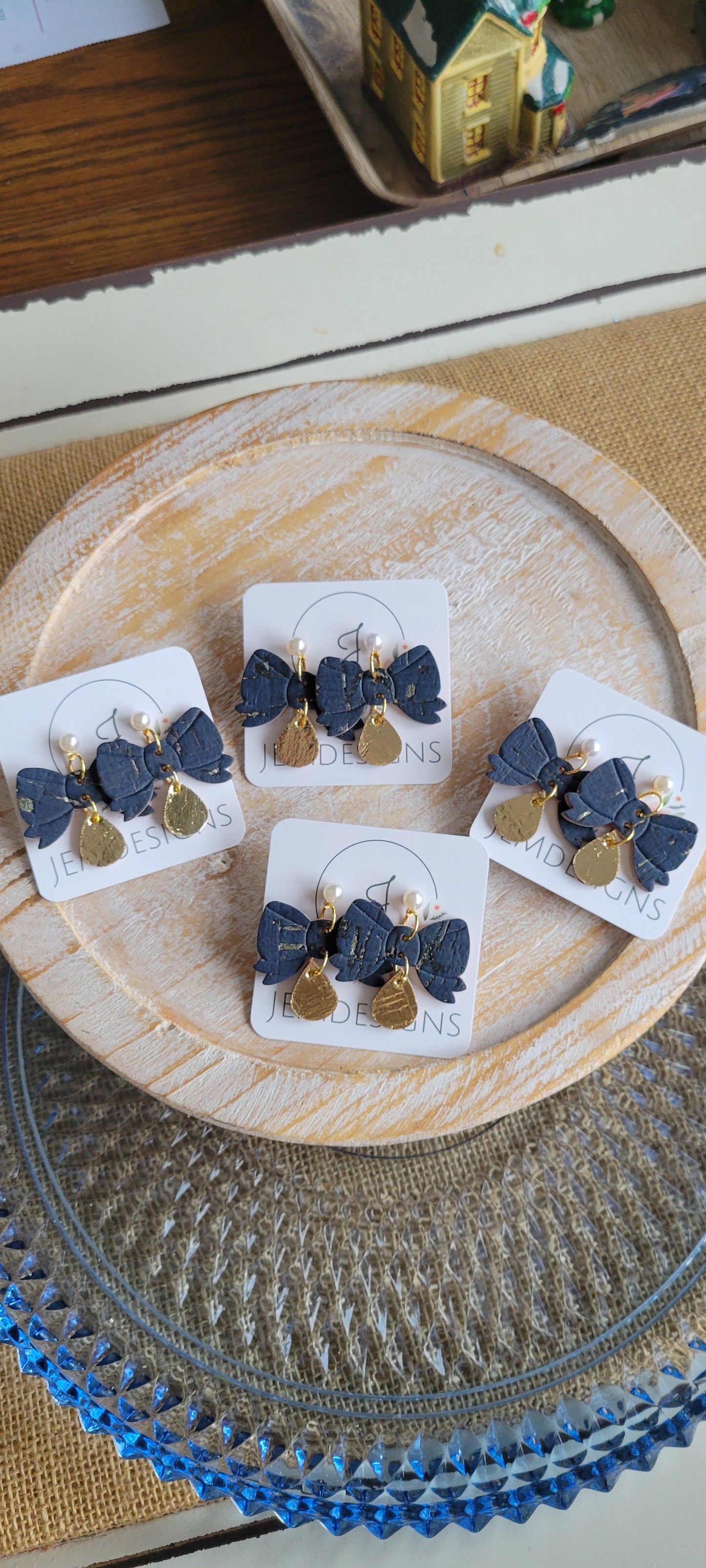 Navy Cork Bow Earrings