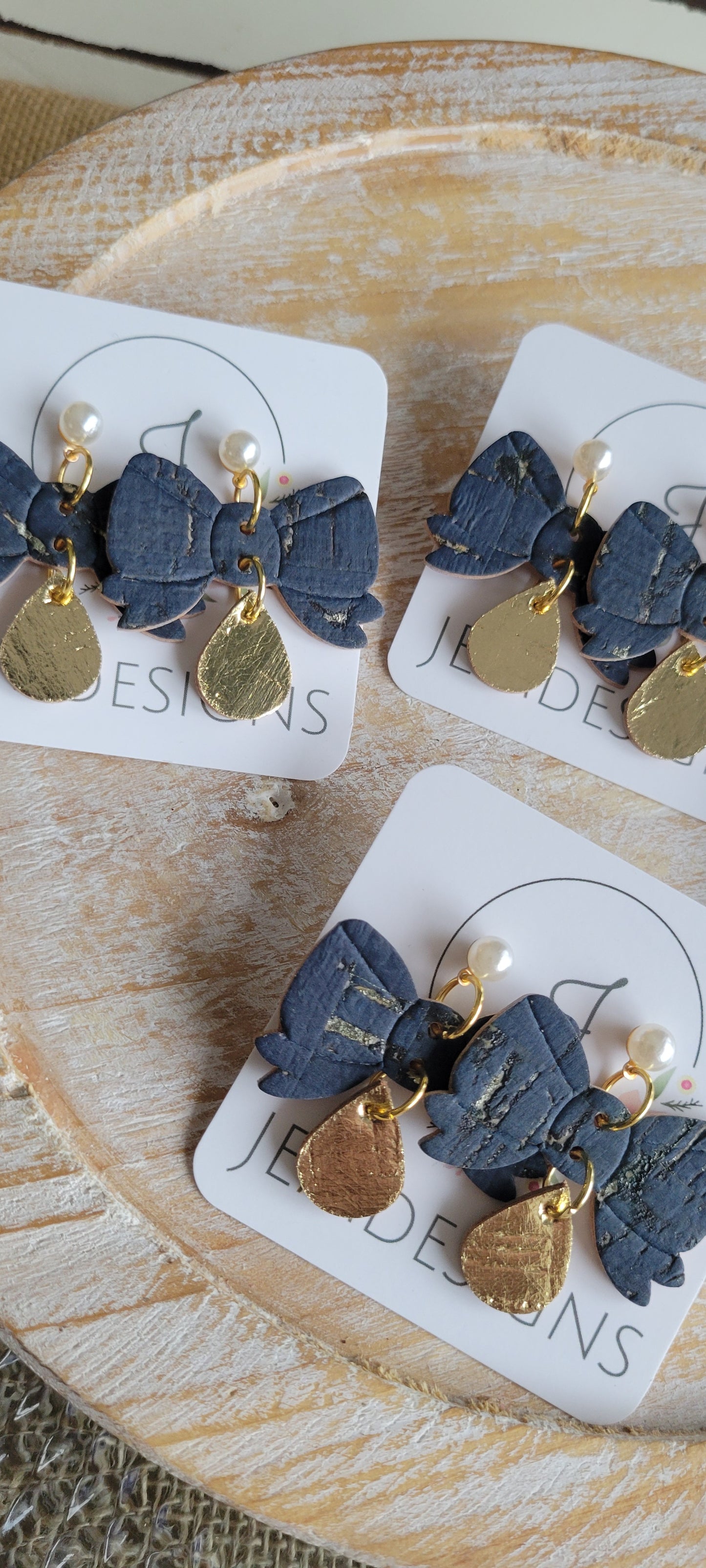 Navy Cork Bow Earrings