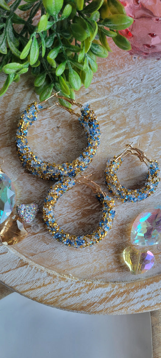 Blue and Gold Glitter Hoop Earrings