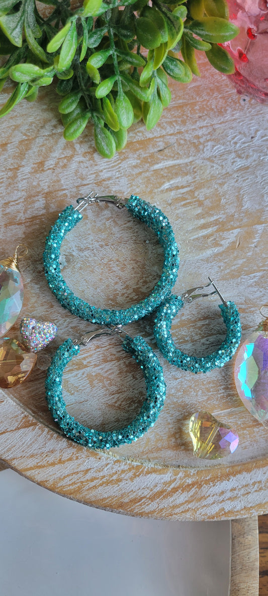 Teal Glitter Hoop Earrings
