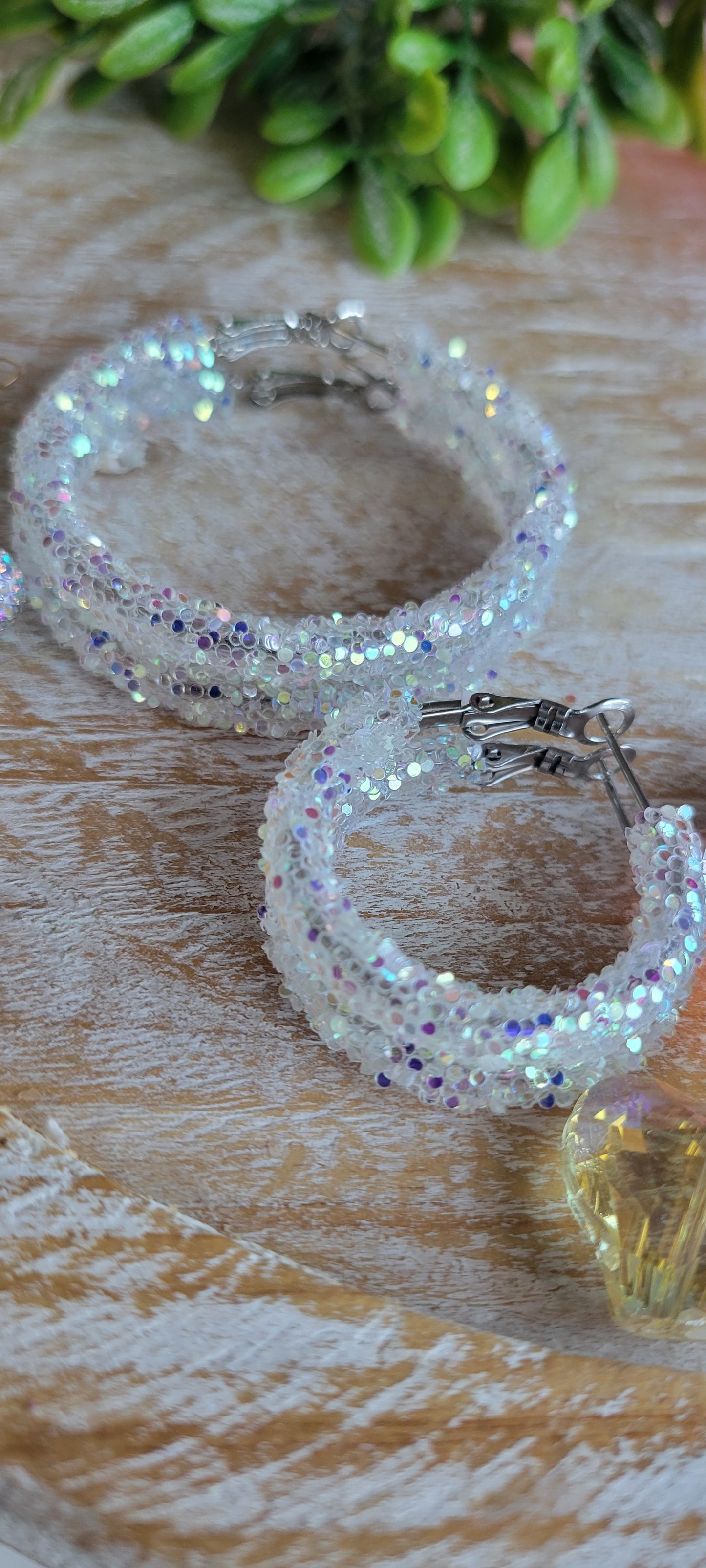 White Iridescent Glitter Hoop Earrings